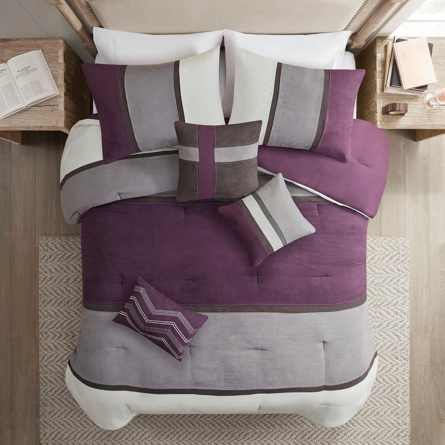 Madison Park Palisades Juego de edredón moderno de gamuza sintética, diseño de rayas, para todas las estaciones, ropa de cama acogedora alternativa