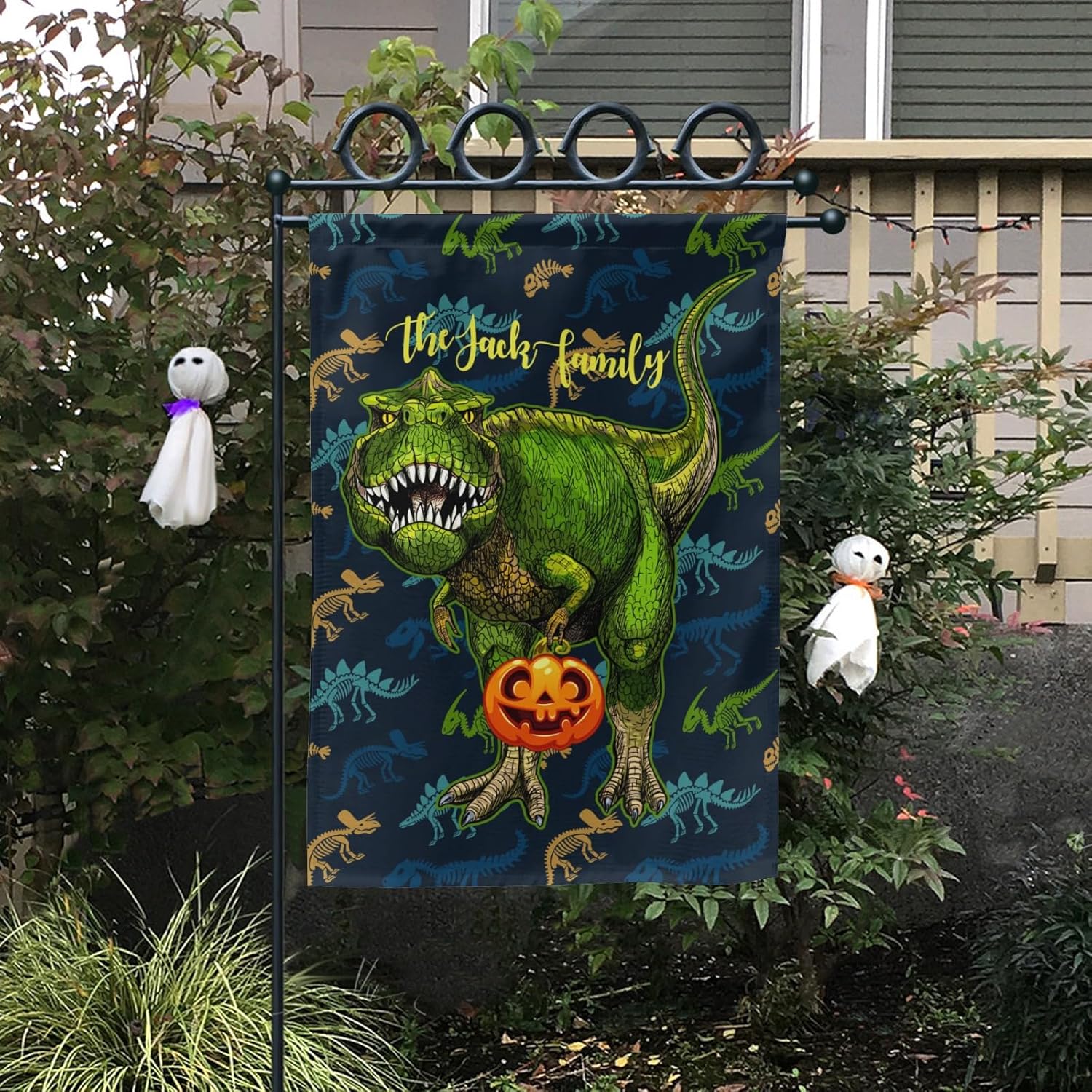 Bandera de jardín de dinosaurio personalizada con calabaza, banderas con nombre personalizado para patio exterior, decoración del hogar, pancarta de