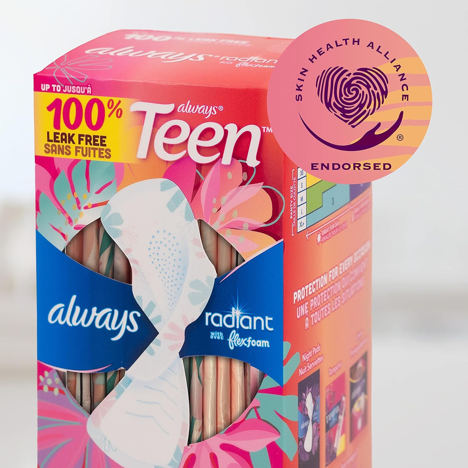 Always Radiant – Almohadillas femeninas para adolescentes, tamaño 1, absorción regular, con espuma flexible, con alas, sin perfume, 42 unidades