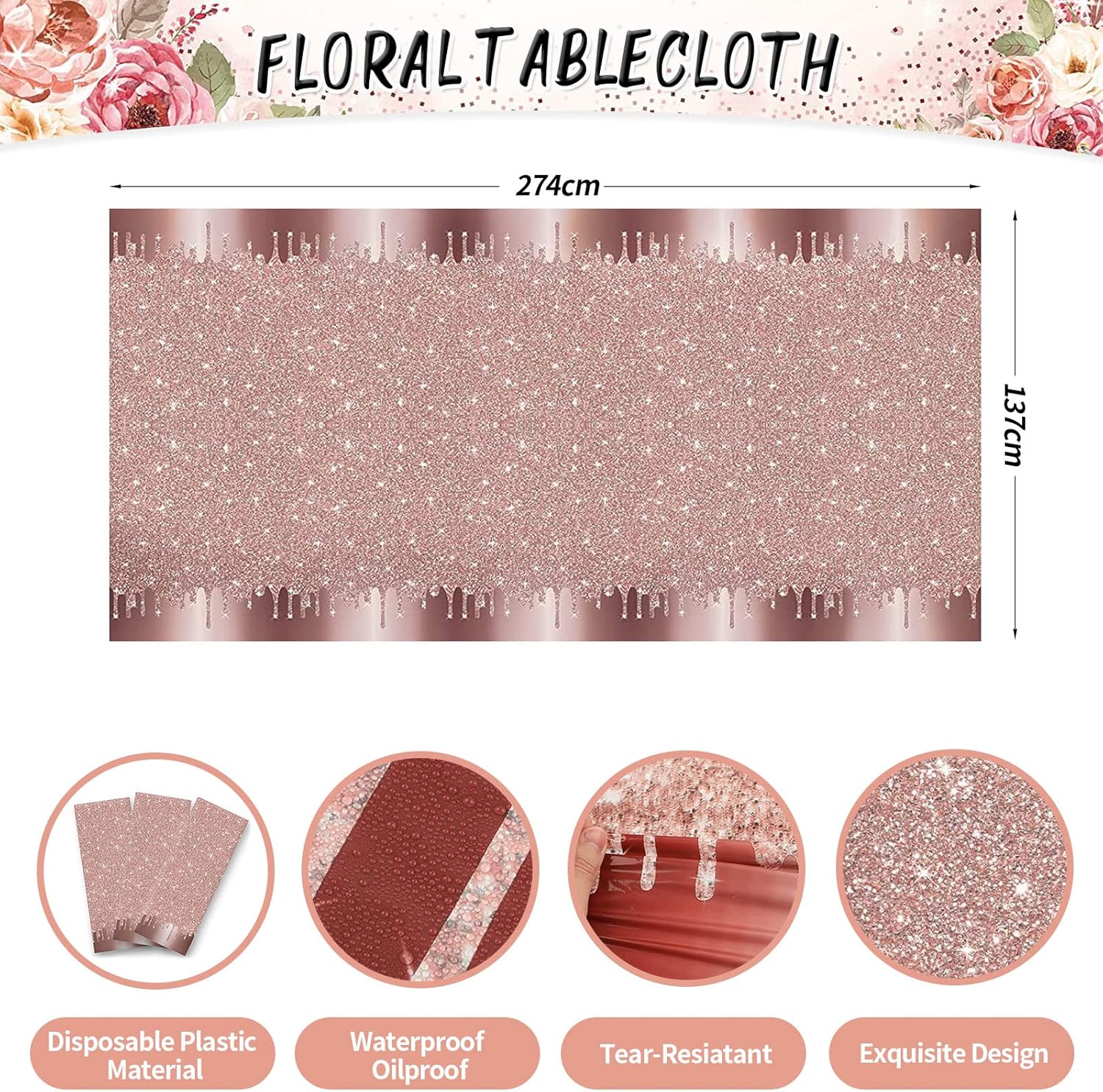 Decoraciones florales de feliz cumpleaños para mujer, 131 piezas de suministros de fiesta de cumpleaños con flores de oro rosa, incluyendo telón de