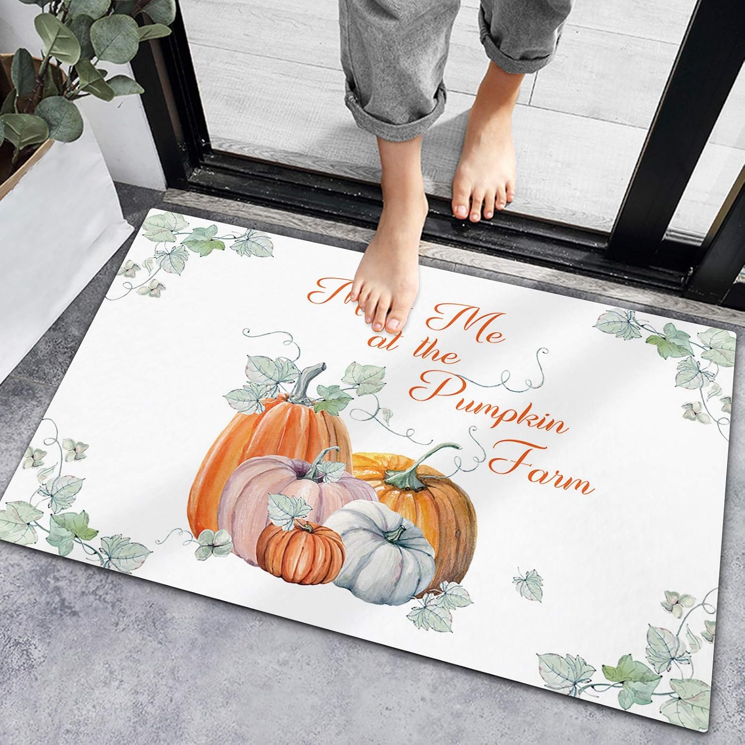 Bath Rugs Entrance Non Slip Front Door Mat Thanksgiving Fall Pumpkin Farm Maple Leaves Kitchen Carpets Farm Maple Leaf on White Floor Mats for