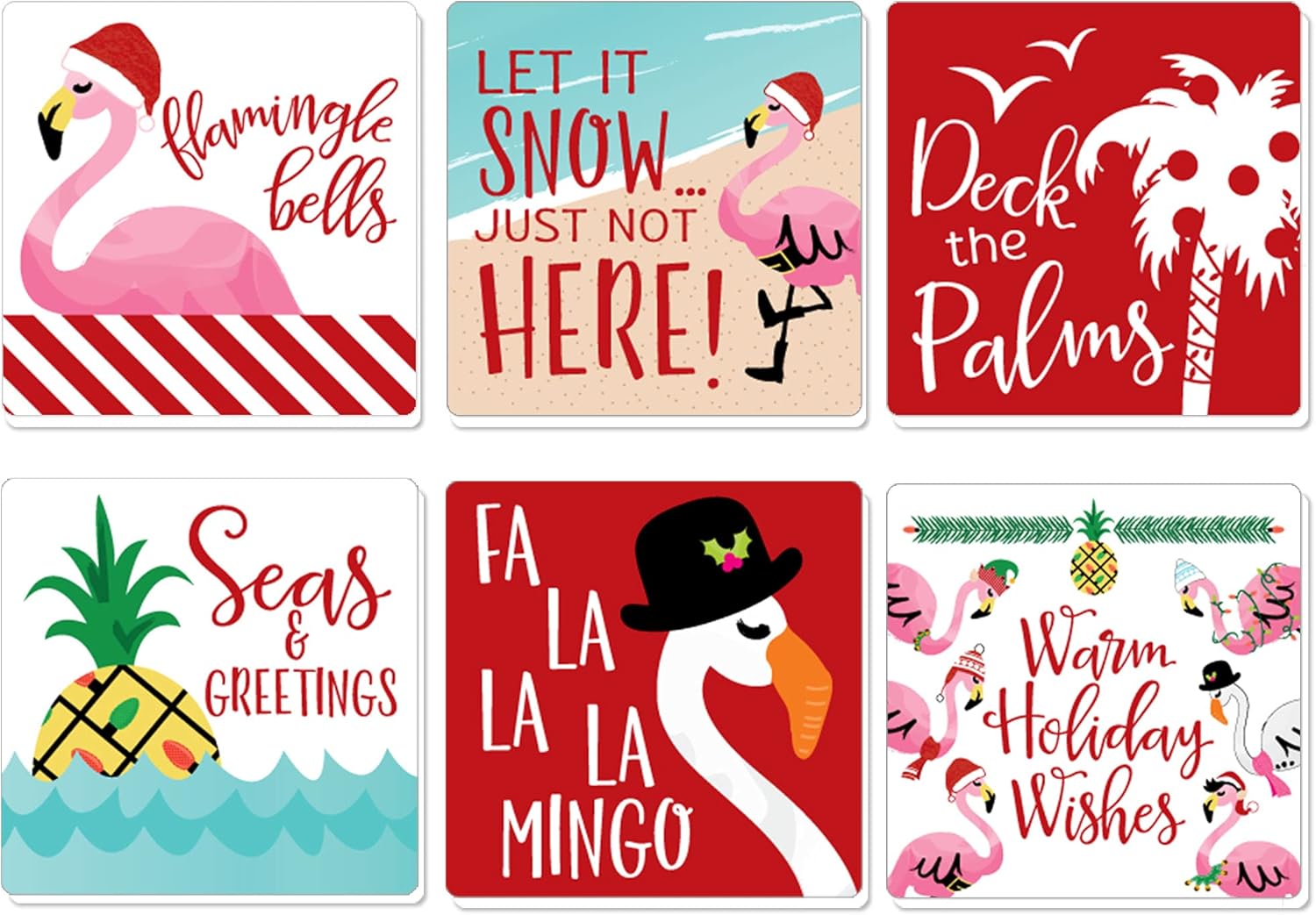 Big Dot of Happiness Flamingle Bells – Divertidas decoraciones tropicales para fiestas de Navidad, posavasos para bebidas, juego de 6