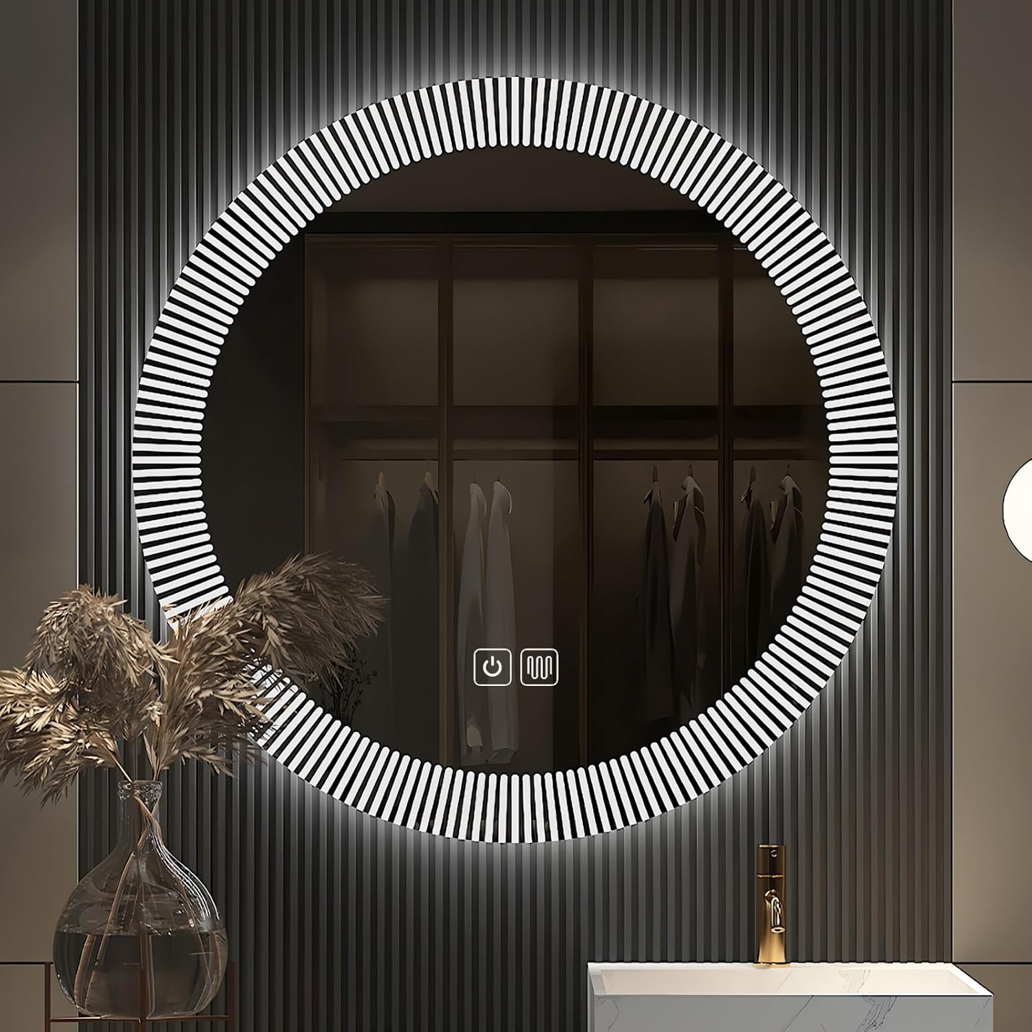 DELURA Espejo de baño LED con luces, espejo redondo de tocador de baño, regulable, montado en la pared, 6000 K4000 K3000 K, espejos de maquillaje