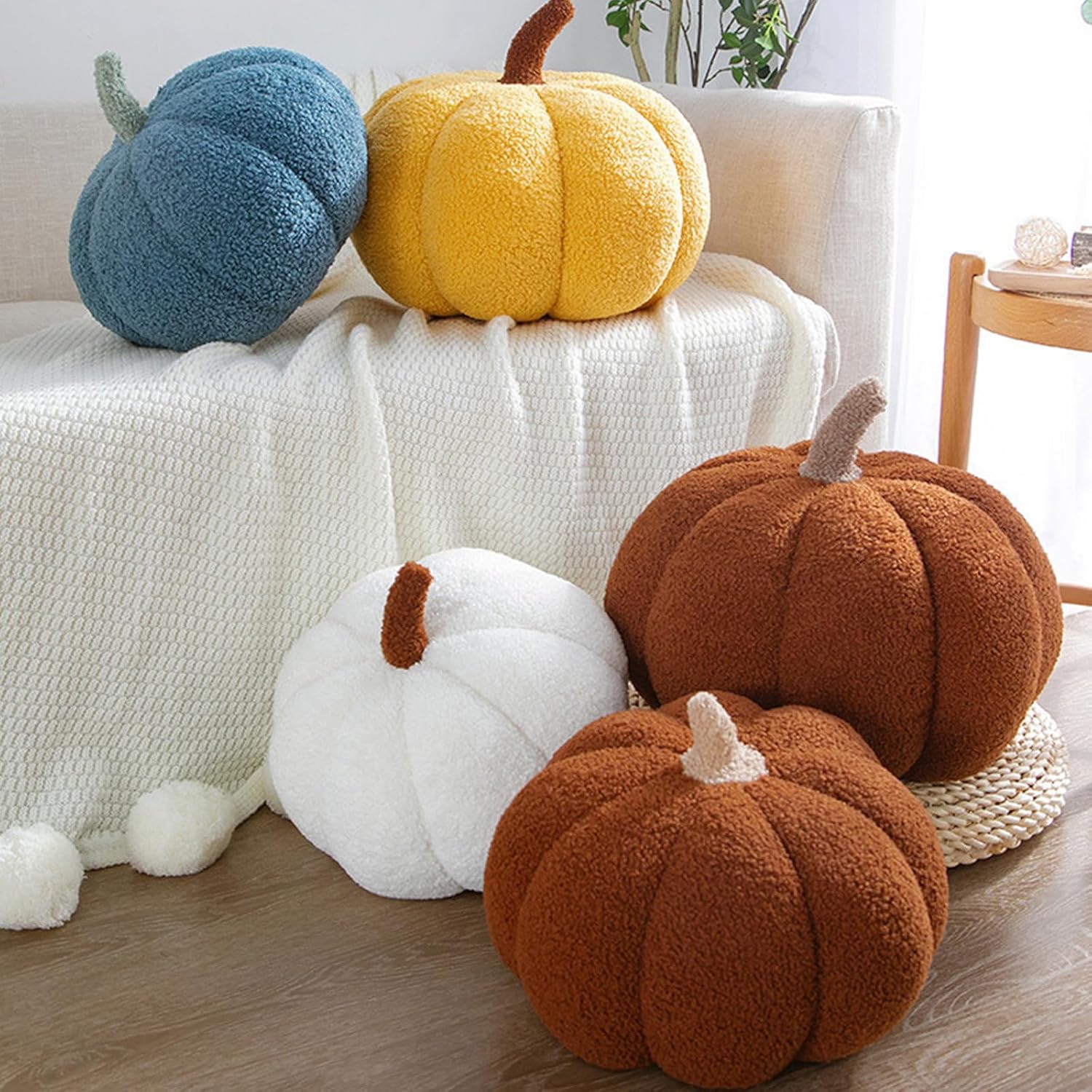 Gerlisay Almohada de calabaza de Halloween rellena de calabaza esponjosa de felpa blanca de peluche de 11.0 in11 pulgadas en forma de calabaza 3D