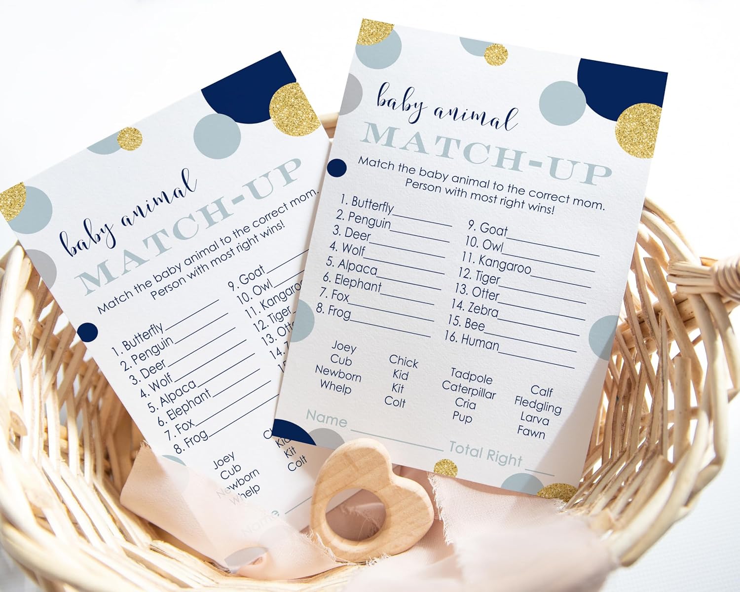 Paper Clever Party Juego de baby shower azul marino y dorado a juego de animales para todas las ocasiones, actividades divertidas de adivinanzas,
