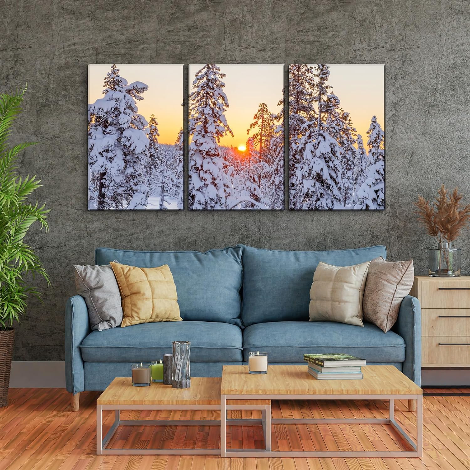 YONICA Lienzo decorativo de 3 paneles para decoración de oficina en casa, hermoso paisaje con árboles nevados y puesta de sol, impresiones en
