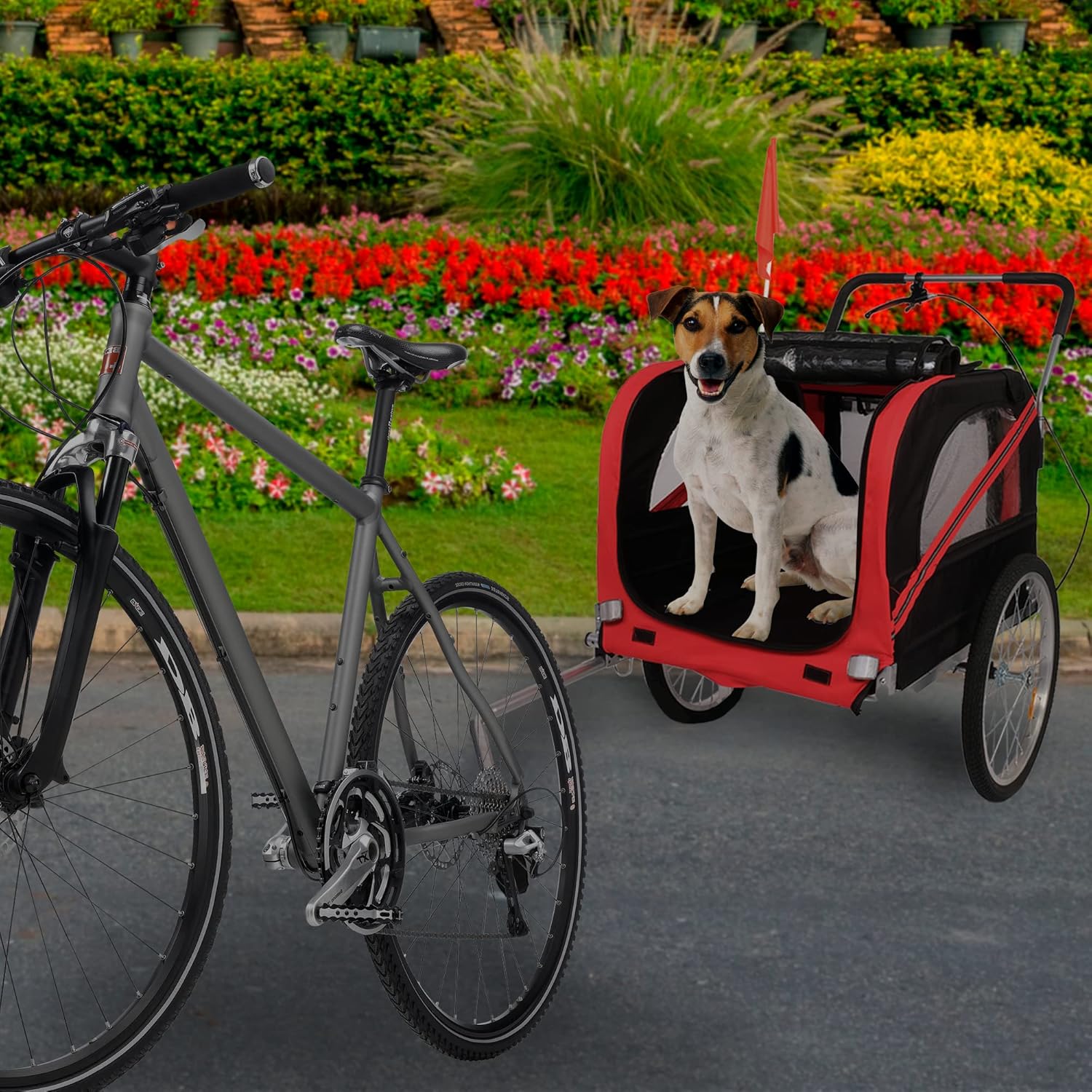 Carrito de remolque de bicicleta para perros, 2 en 1, para mascotas, para viajes, con reflectores, freno de estacionamiento, acoplador universal de