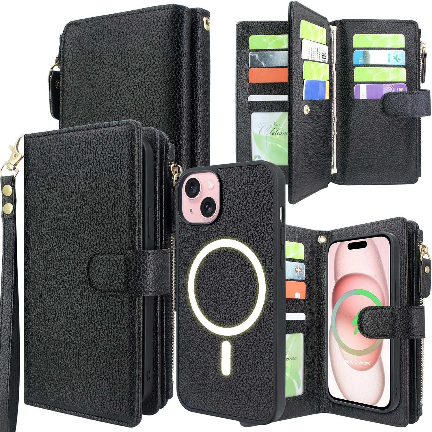 Harryshell Funda magnética desmontable para iPhone 151413 compatible con MagSafe de carga inalámbrica, múltiples ranuras para tarjetas, funda