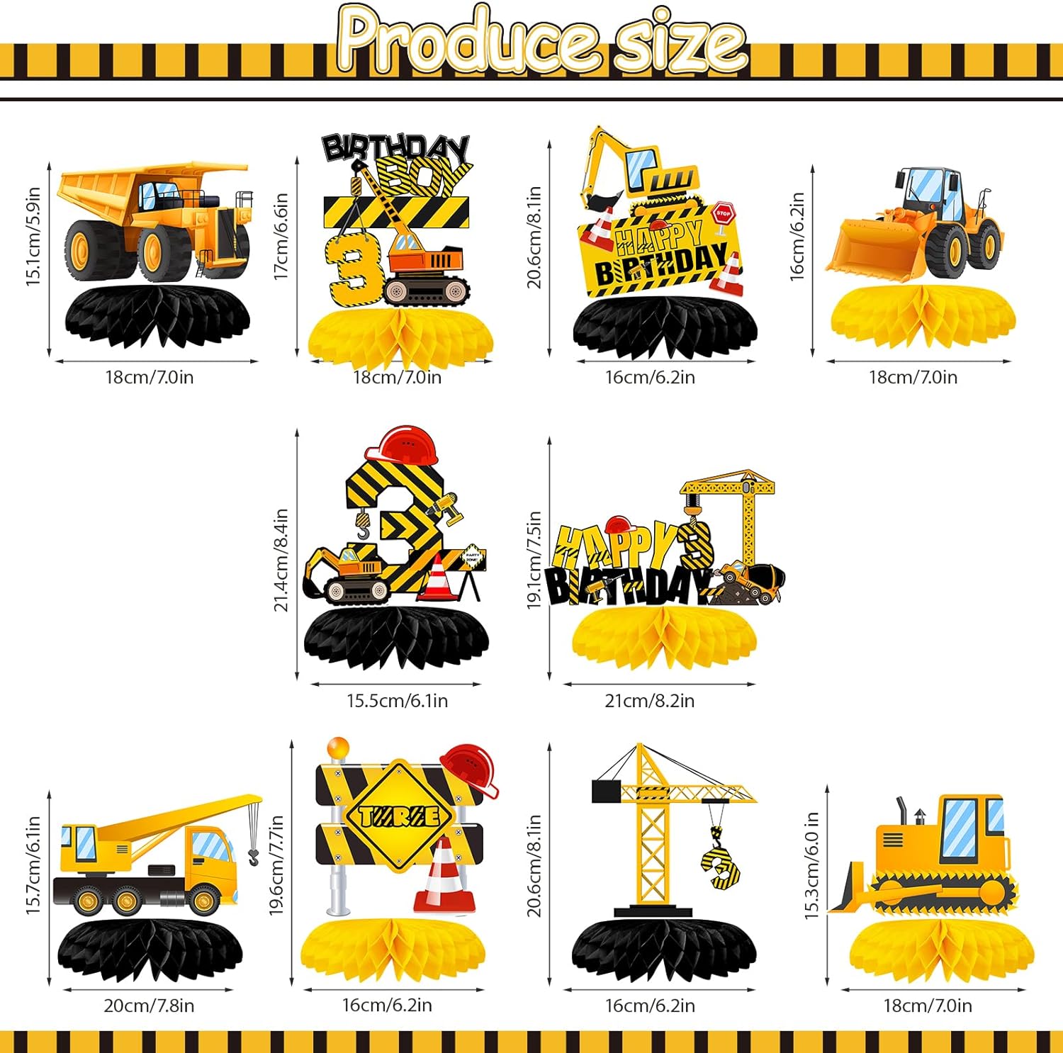 10 centros de mesa de construcción de panal de abeja para decoración de fiesta de tercer cumpleaños para niños, camión volquete, cono, zona de