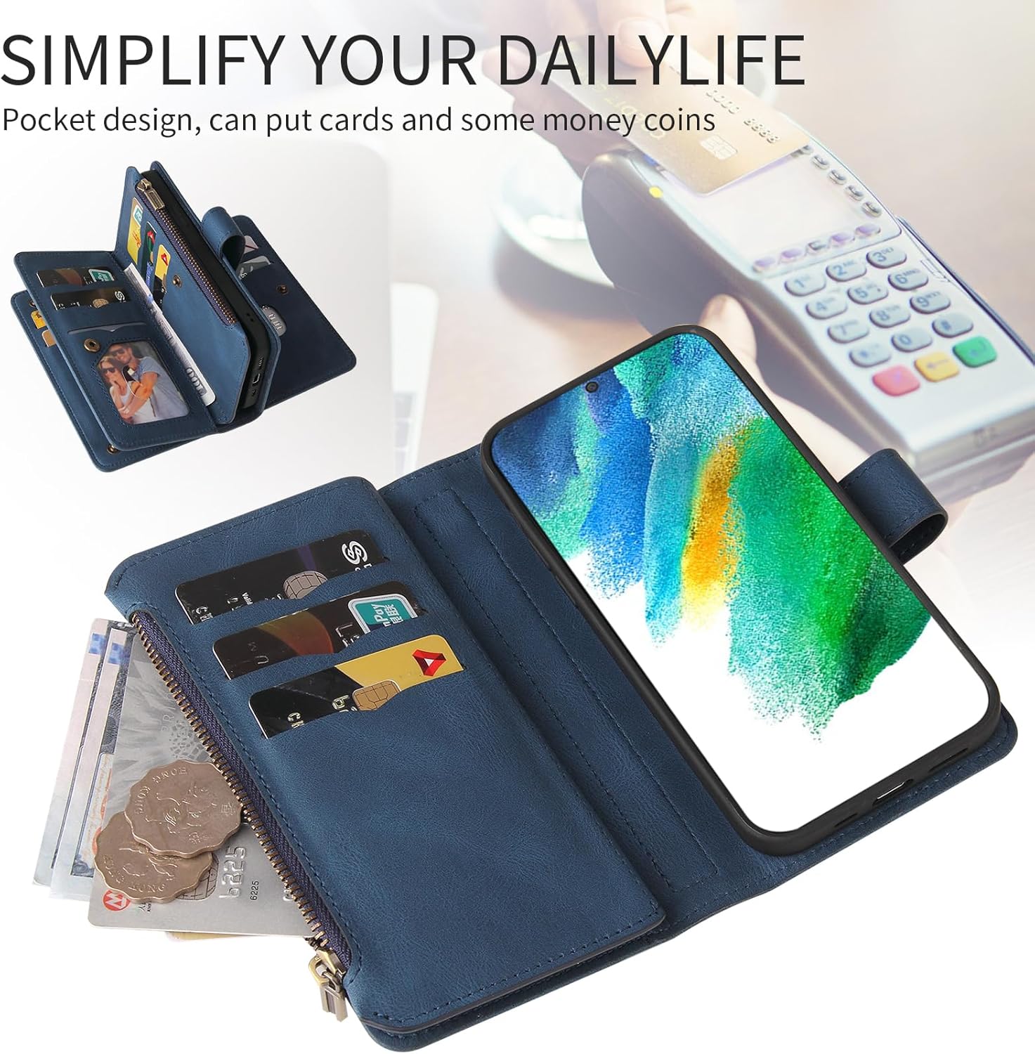 Asuwish Funda de teléfono para Samsung Galaxy S21 FE 5G Funda tipo cartera con protector de pantalla de vidrio templado y correa para la muñeca de
