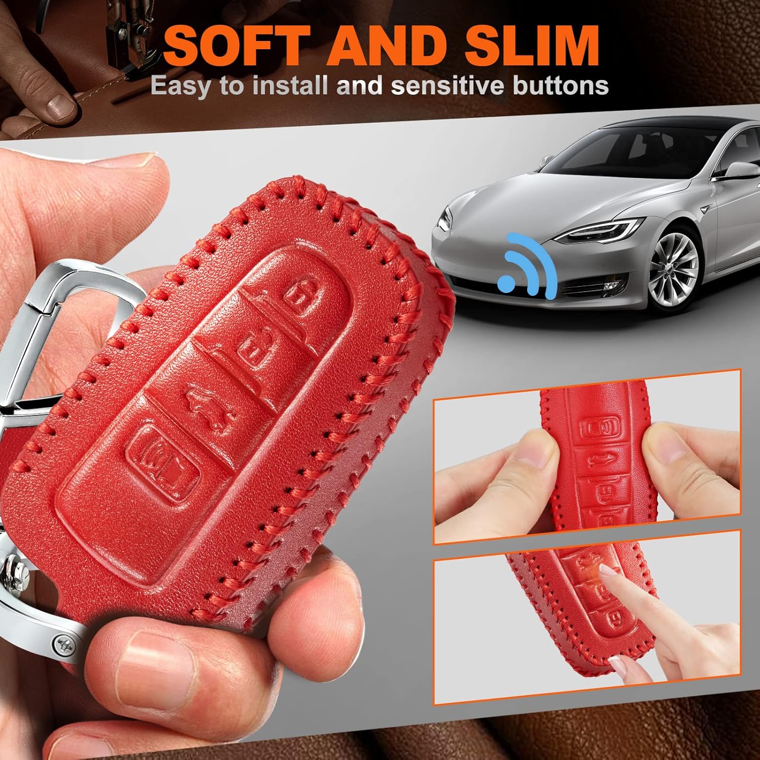 Funda de cuero para llavero de Toyota para Camry 4 botones, funda de cuero+anillo en D+gancho Futi, Rojo –
