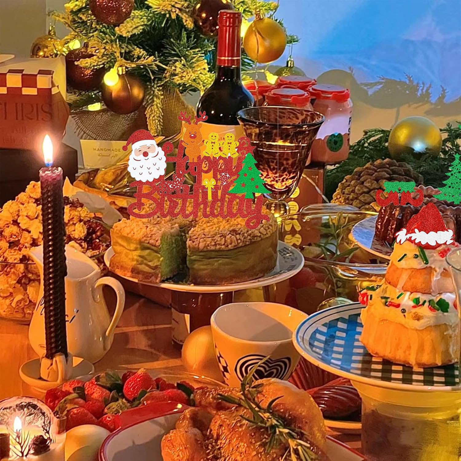 1 decoración grande para tartas de Navidad, cartel de decoración de pastel de Navidad, picks de comida de Navidad con purpurina para Navidad, fiesta