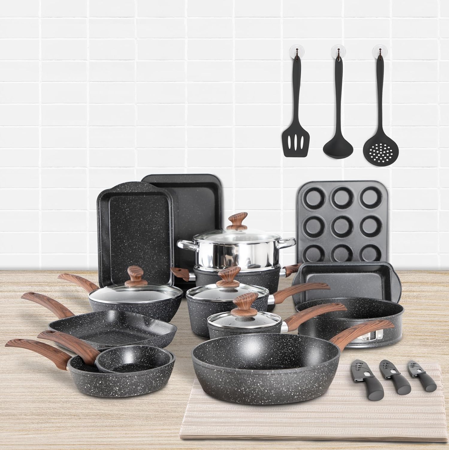 MAISON ARTS Juego de ollas y sartenes de 30 piezas, juegos de utensilios de cocina con revestimiento de piedra de granito antiadherente, adecuado
