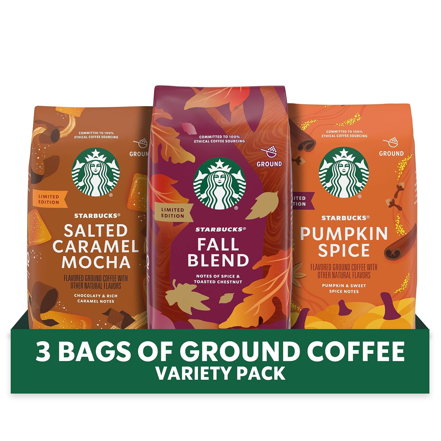 Starbucks Paquete de café molido de otoño, tostado medio y café con sabor natural, 100% arábica, edición limitada, 3 bolsas (32 onzas en total)