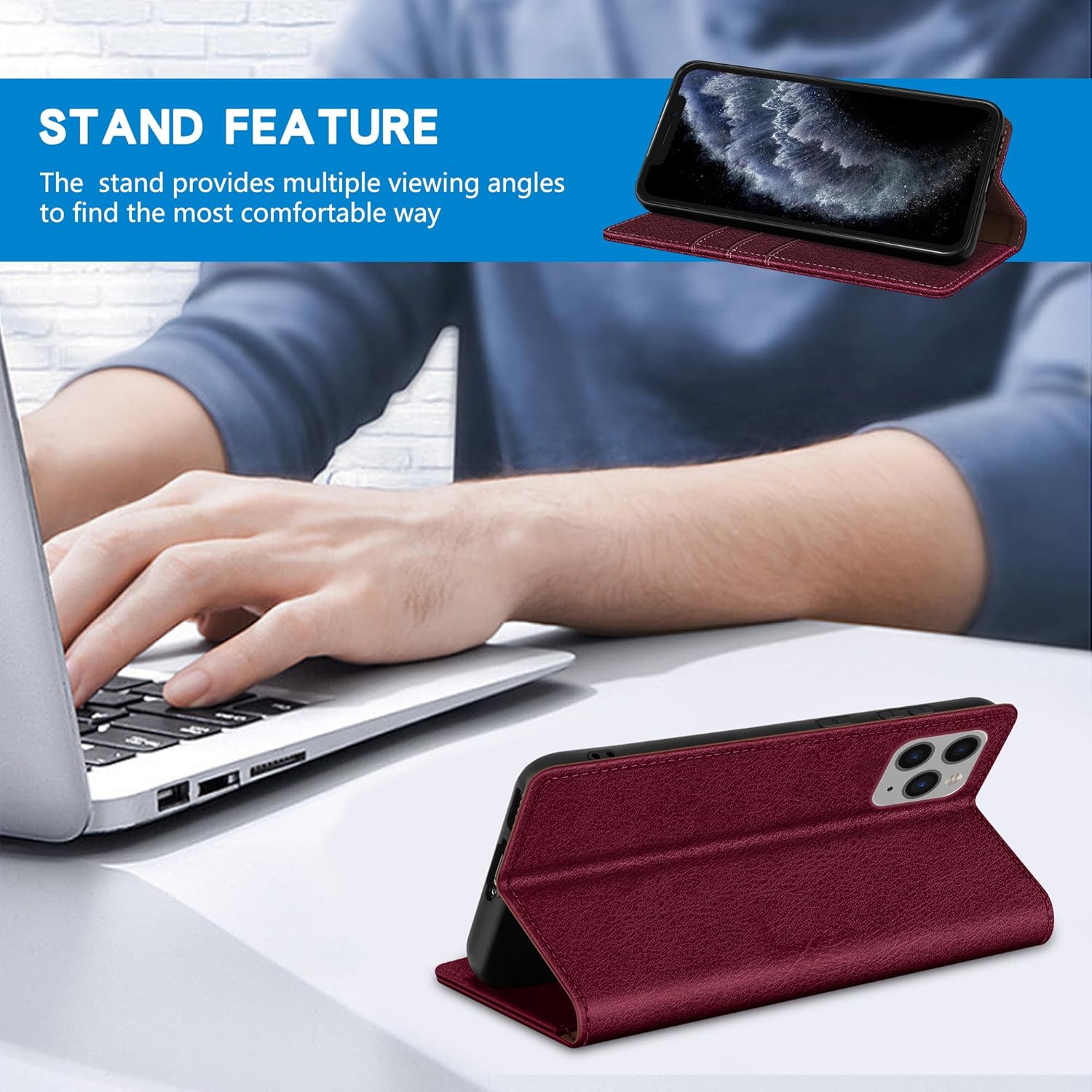 ZZXX Funda tipo cartera para iPhone 11 Pro Max, 3 ranuras para tarjetas con bloqueo RFID, funda protectora de cuero magnético fuerte para teléfono