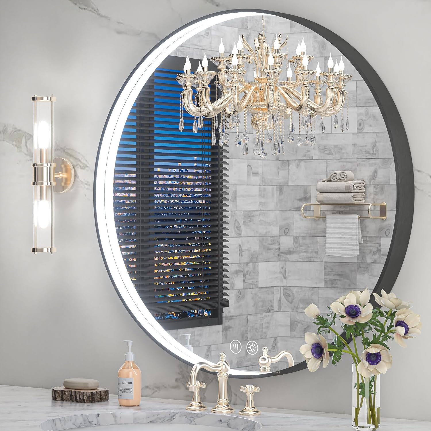 Vosuja Espejo de baño LED redondo de 24 pulgadas con luces, marco negro circular incrustado, diseño de tira de luz moderna, 3 opciones de color