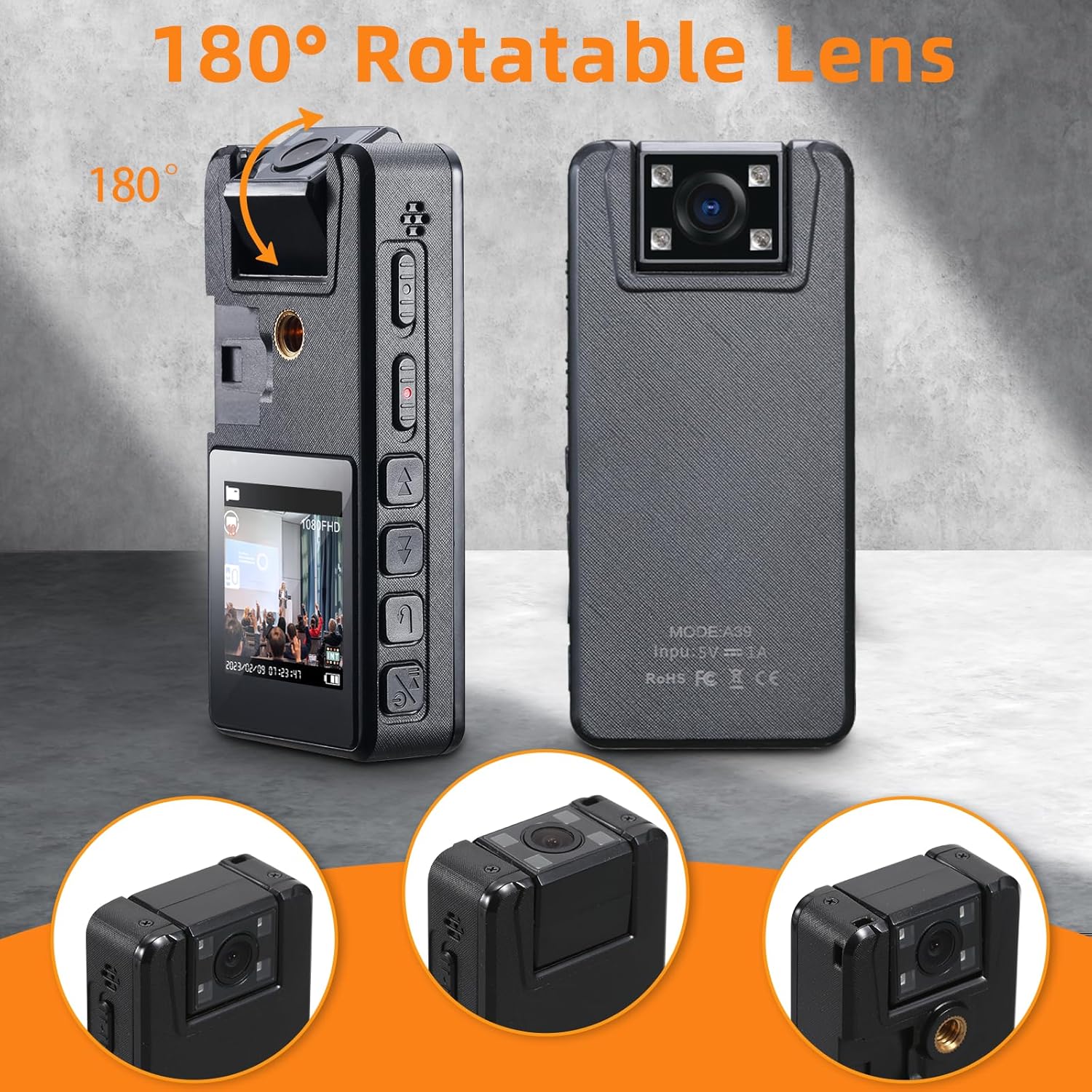 Hoestr Cámara corporal de 64 GB, cámara corporal 1296P (2500 mAh) con visión nocturna IR, lente giratoria de 180 y 3 clips resistentes, videocámara