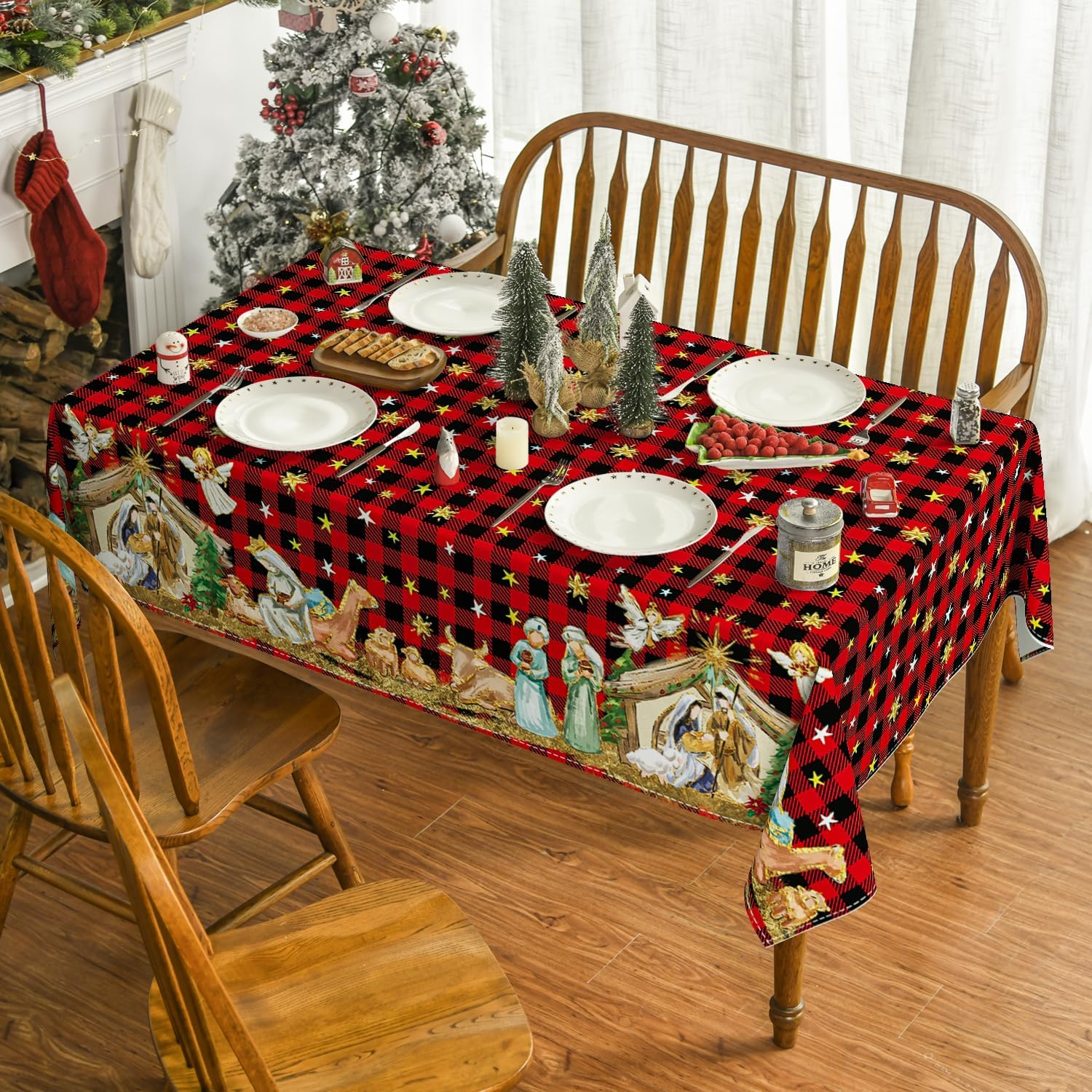 Horaldaily Mantel de Navidad de 60 x 120 pulgadas, diseño de búfalo rojo a cuadros, lavable, para decoración de fiestas, pícnic, cenas
