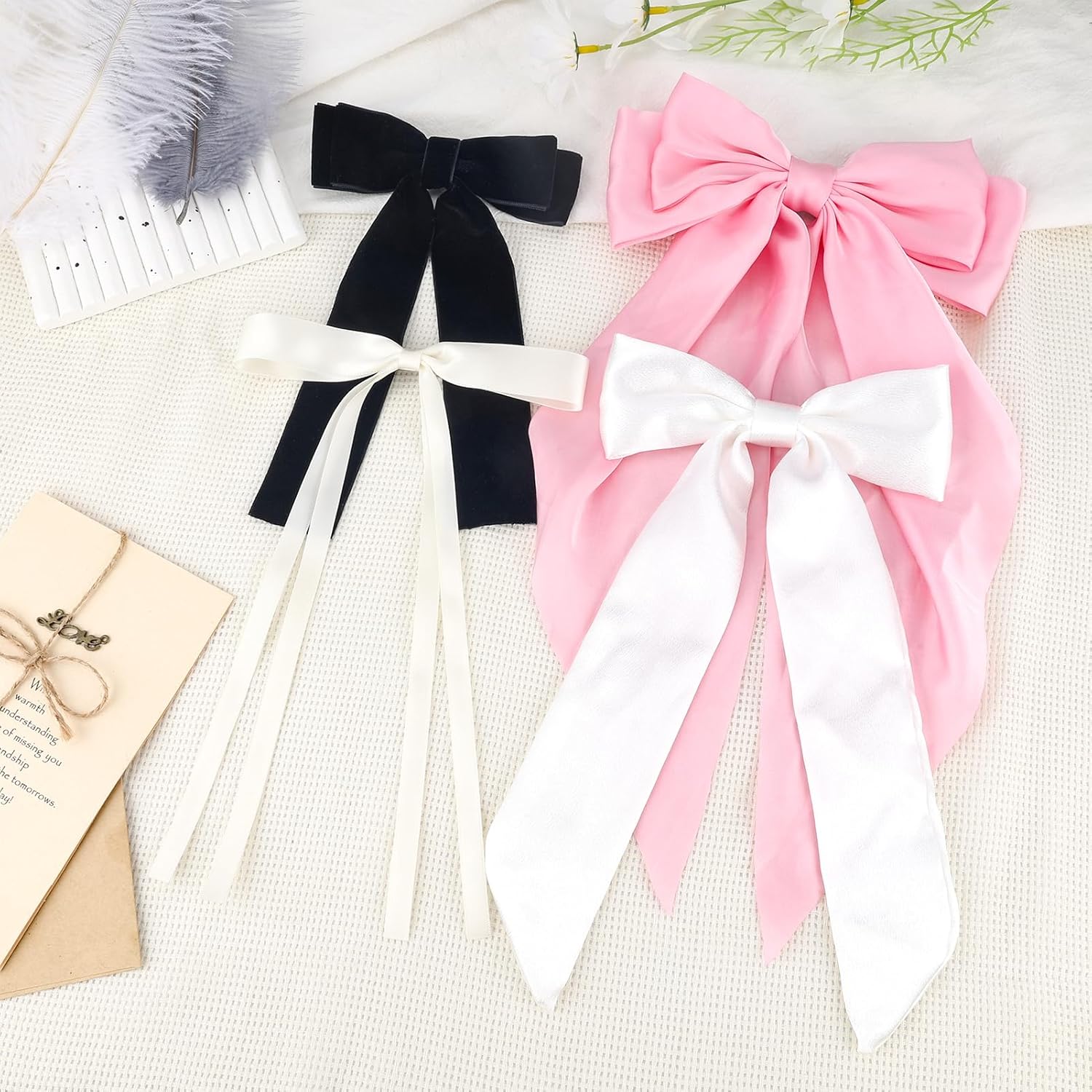 Zkptops 4 pinzas para el pelo con lazo para mujeres y niñas, cinta de satén sedosa rosa y blanca, soporte largo para cola de caballo grande,