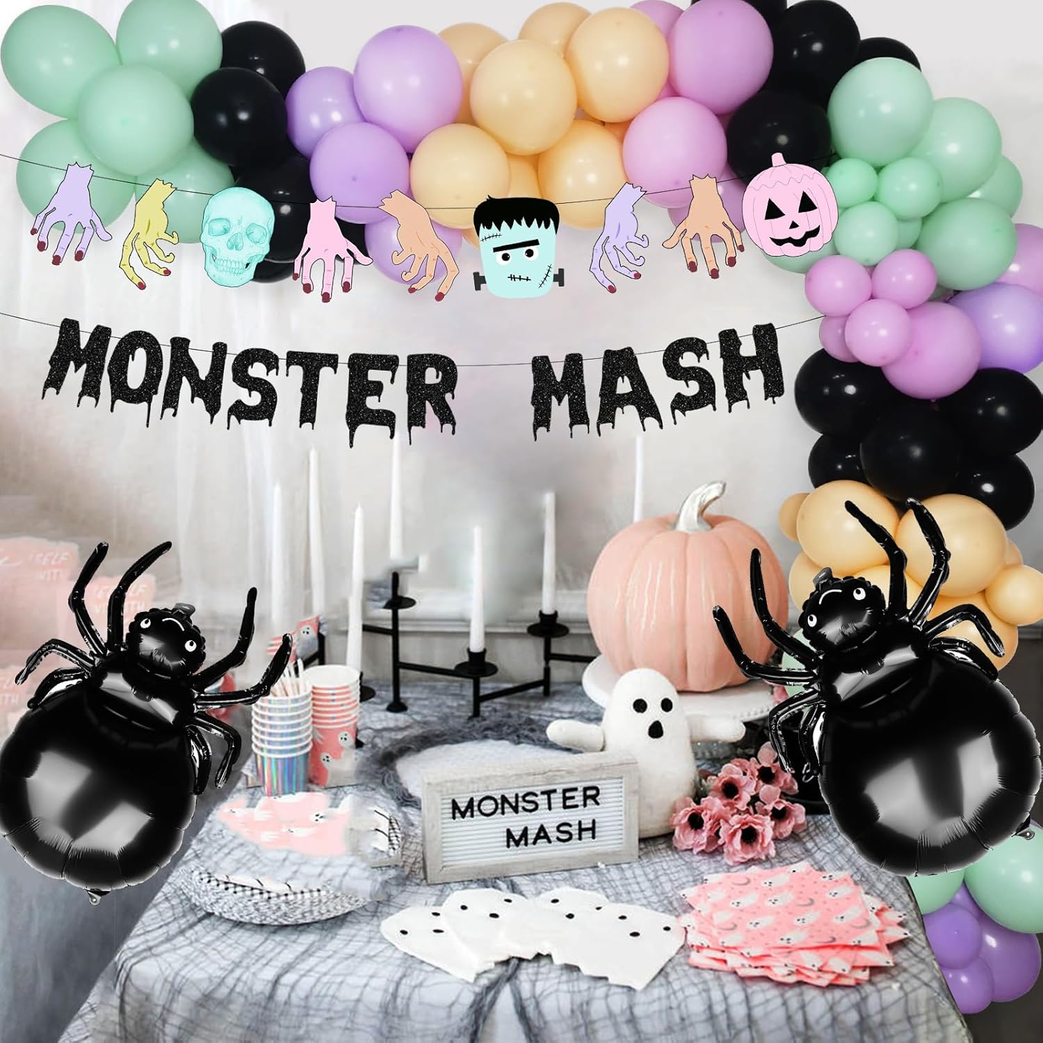 Kit de arco de guirnalda de globos de monstruo de Halloween, globos negros, morados, verdes con globos de papel de aluminio, pancarta de monstruo