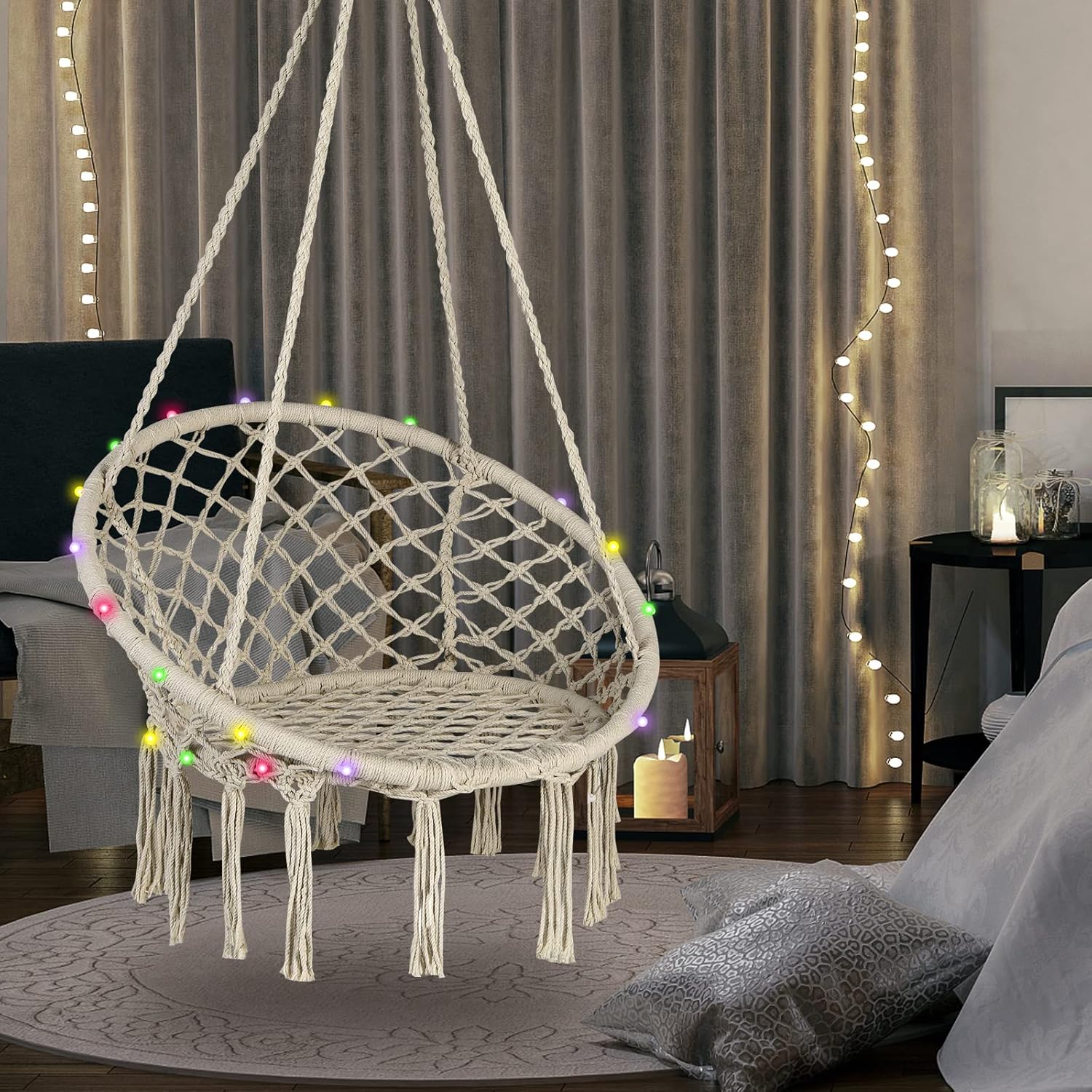 Tangkula Silla hamaca con luces, columpio de macramé con borlas, cuerda de algodón tejida a mano, estilo bohemio para interiores y exteriores, silla