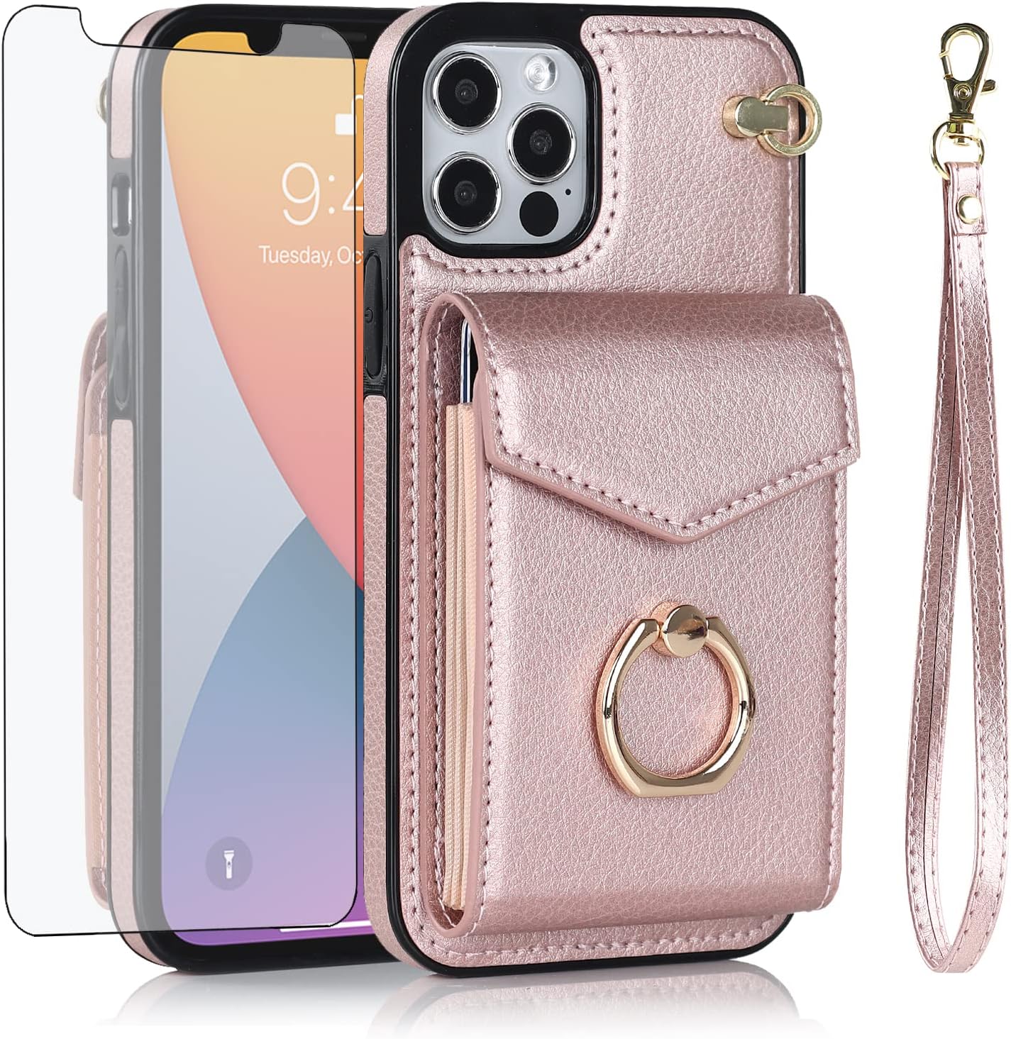 Asuwish Funda de teléfono para iPhone 12 Pro iPhone12 6.1 Funda tipo cartera con protector de pantalla de vidrio templado y anillo de bloqueo RFID,