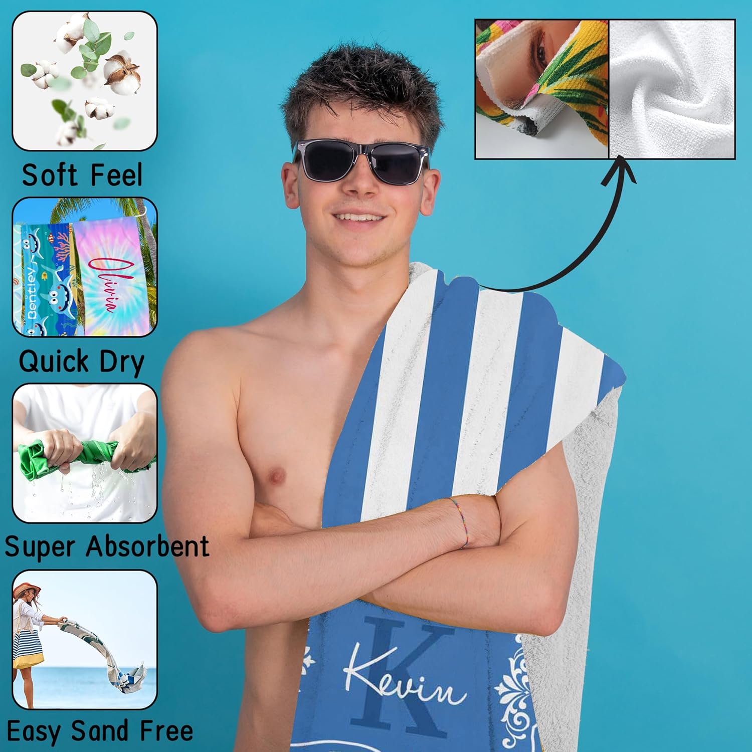 D-Story Toalla de playa duradera y personalizada  Toallas de playa personalizadas para adultos  Toalla de playa de secado rápido sin arena (31 x 71