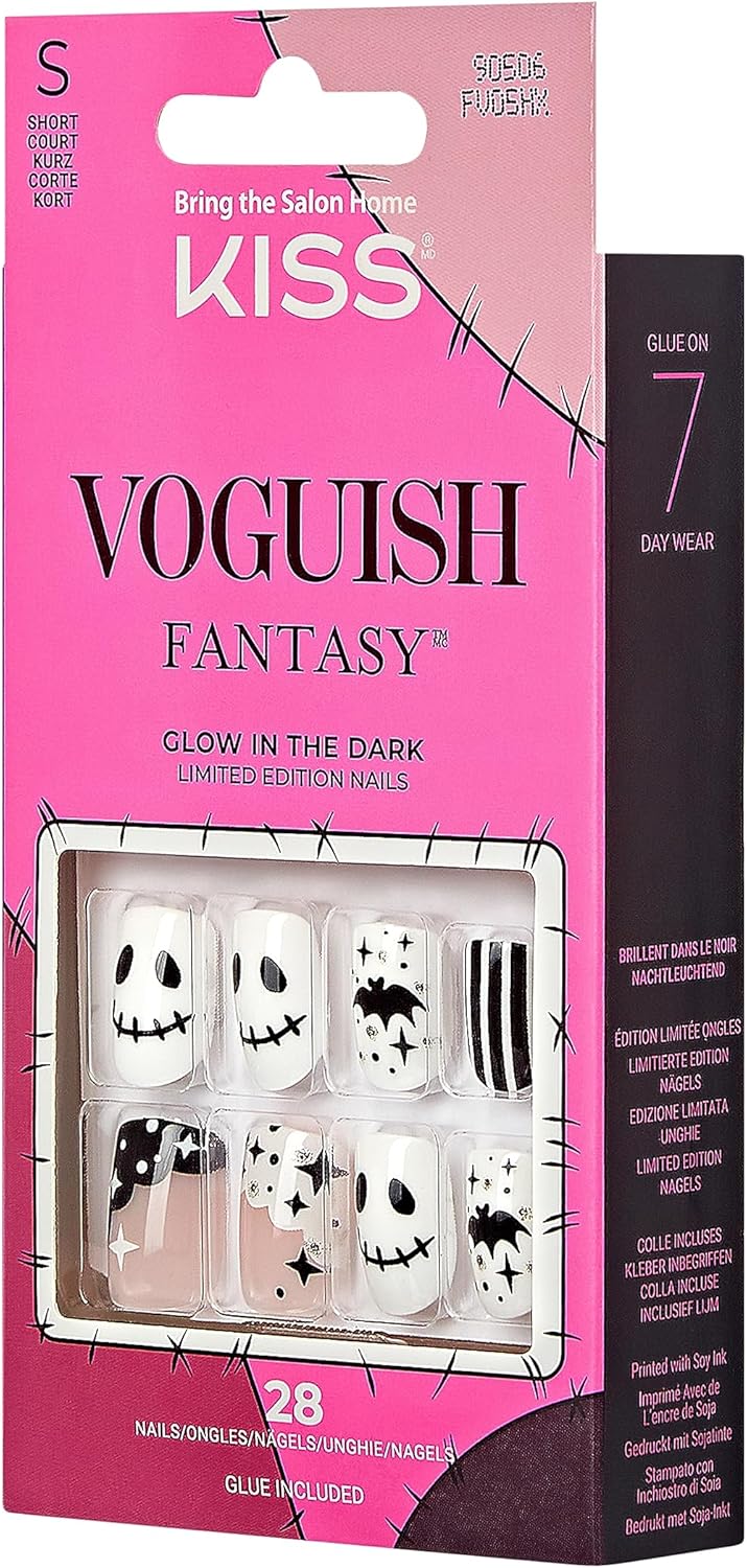 KISS Voguish Fantasy – Uñas de Halloween, color blanco y negro, longitud corta, forma cuadrada, pegamento de uñas de gel rosa (0.07 oz), lima de