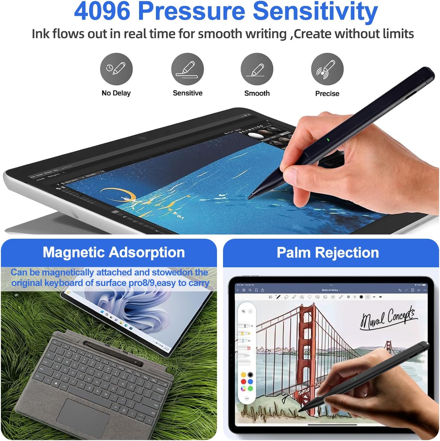 Slim Pen 2 para Microsoft Surface con presión 4096, borrador y clic derecho, rechazo de palma, punta de grafito, para Surface Pro 9876543X, Surface