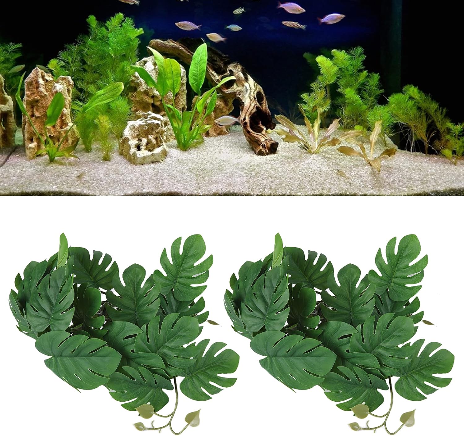 2 piezas de hojas de plástico realistas para decoración de peces, plantas de agua artificiales de simulación de vid con ventosa para terrarios de