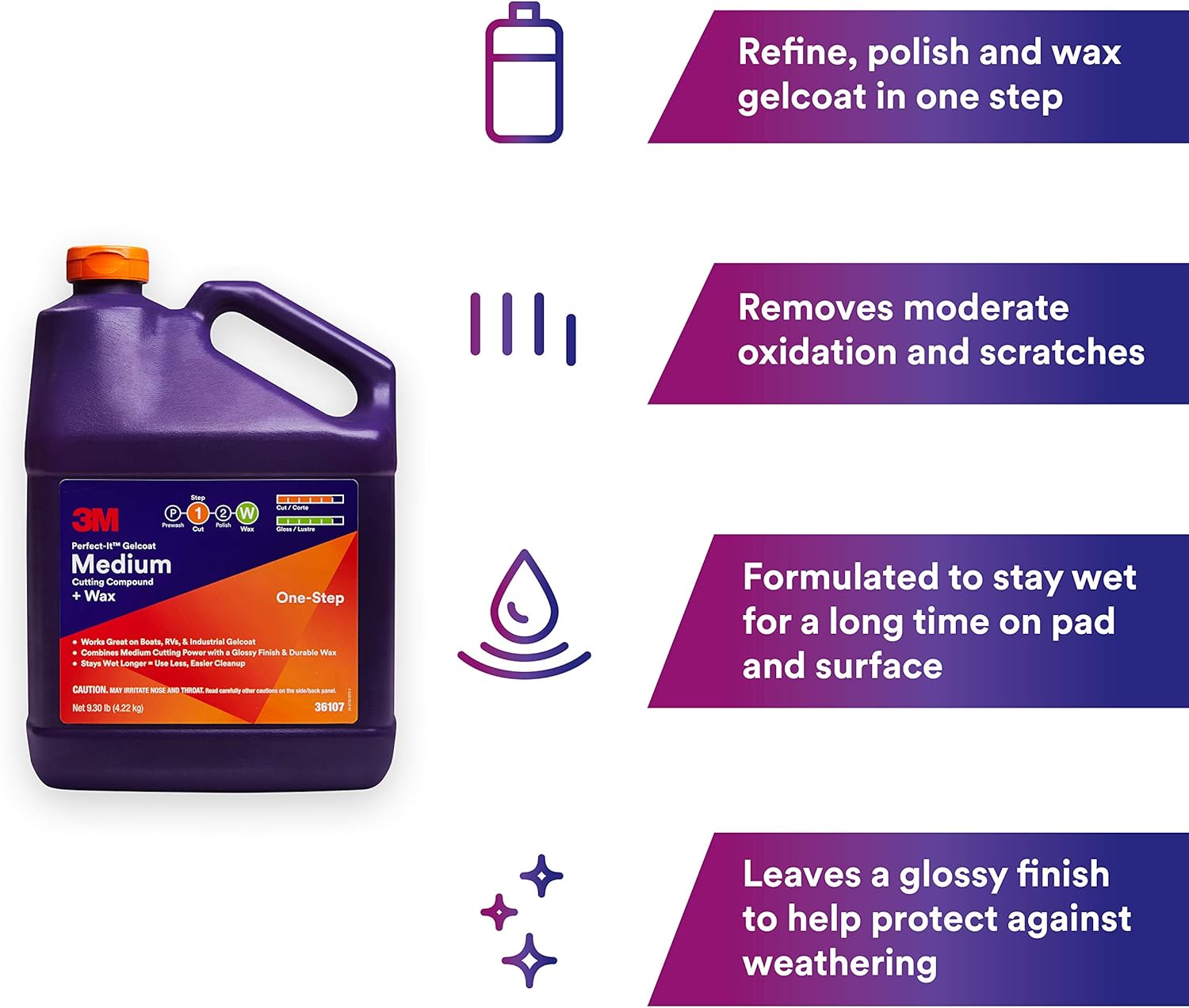 3M Perfect-It Gelcoat – Compuesto de corte medio + cera, 36107, 1 galón, proceso de un solo paso, P1500 y arañazos más finos, removedor de oxidación