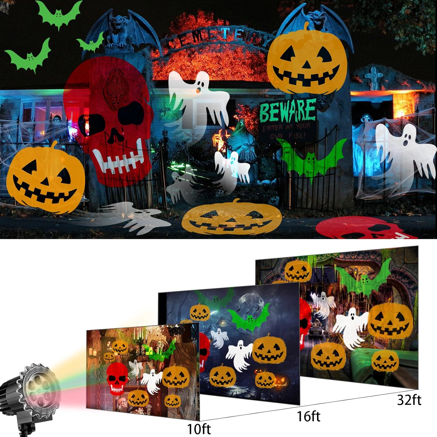Beforalla Luces de proyector más brillantes para decoración de Halloween al aire libre 2023, esqueleto de Halloween, fantasma, murciélagos,