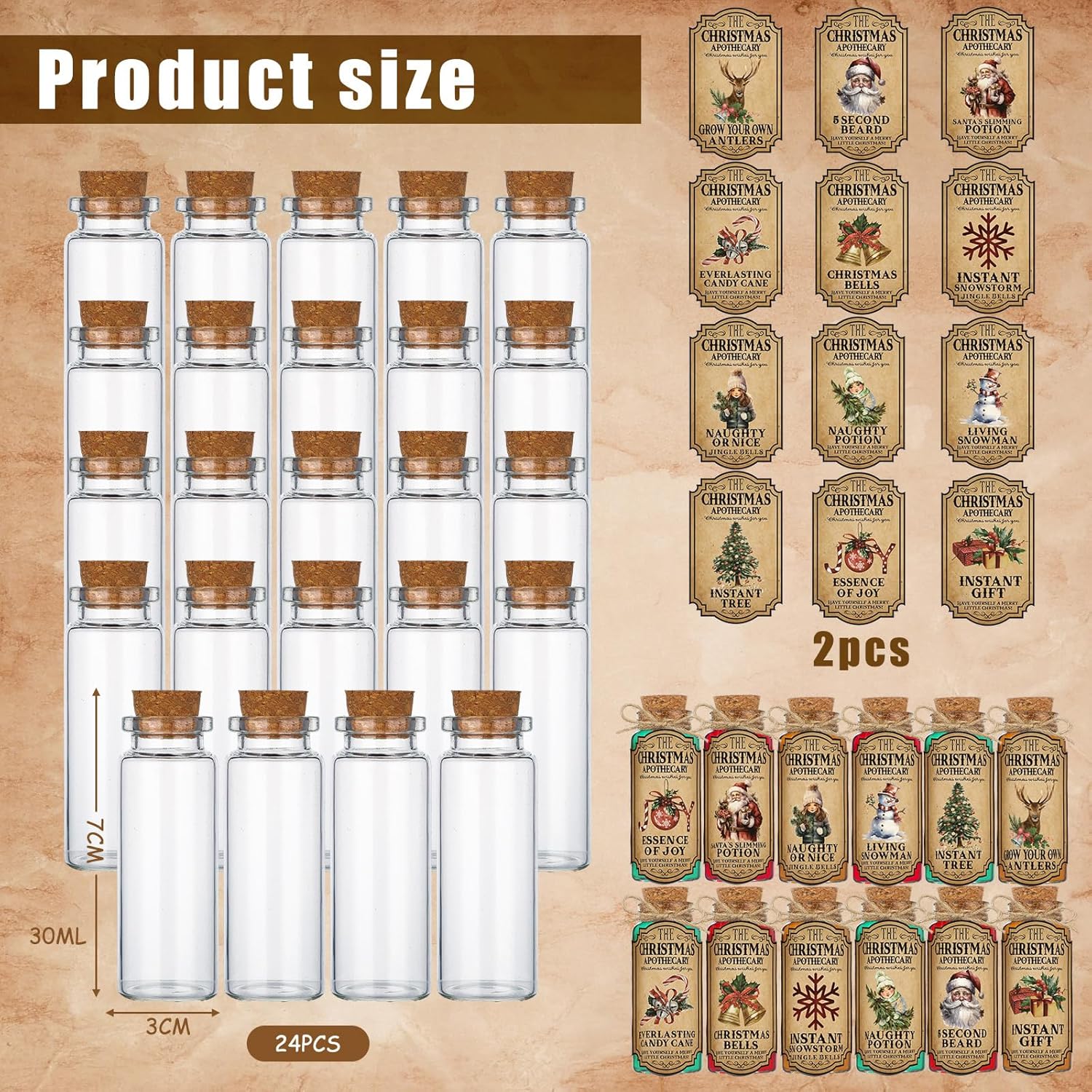 El juego de 49 botellas de poción de Navidad incluye 24 botellas de vidrio de 1 onza  1.0 fl oz con tapones de corcho, pequeños frascos de vidrio,