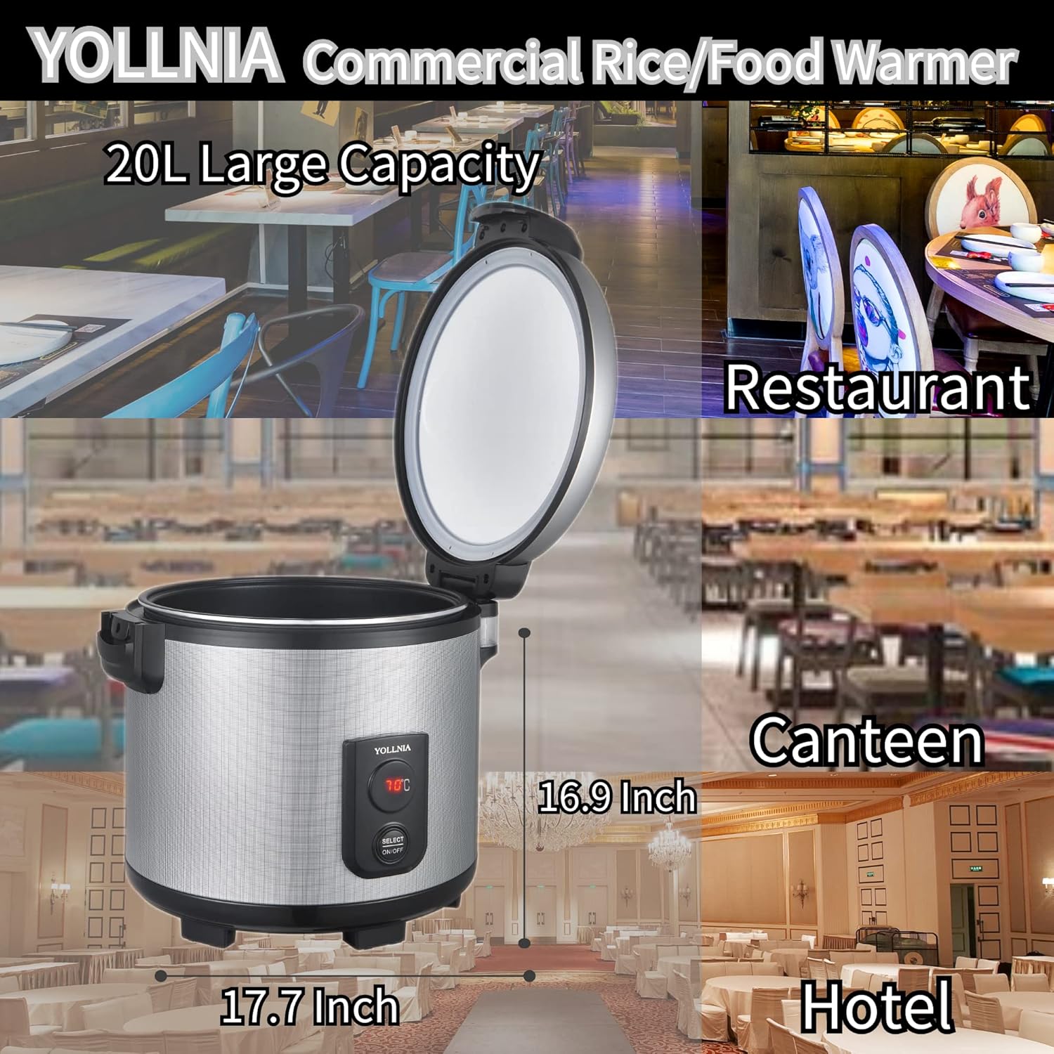 YOLLNIA Calentador de arroz comercial (no es una cocina) portátil de 18.1 cuartos de galón  100 tazas de alimentos y arroz  122  – 178  temperatura