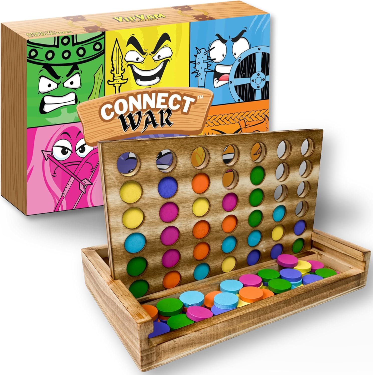 Connect War – Juego de mesa 4 en fila para 2 a 6 jugadores, juegos de madera hechos a mano para juegos familiares y grupales, juego de madera cuatro