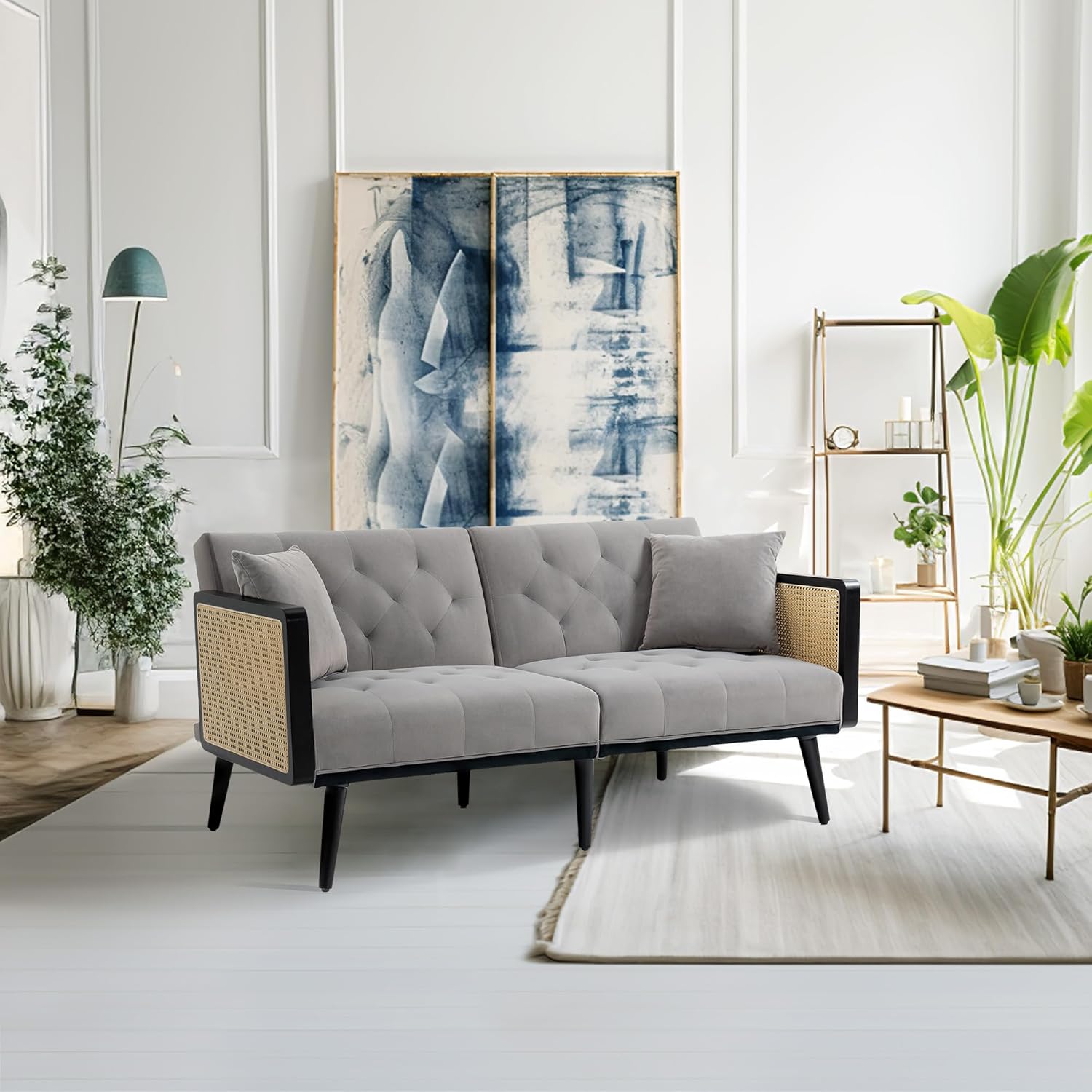 Dolonm Sofá de terciopelo de 62 pulgadas con reposabrazos de ratán y 2 almohadas, sofá biplaza con pies de metal, moderno sofá convertible futón,