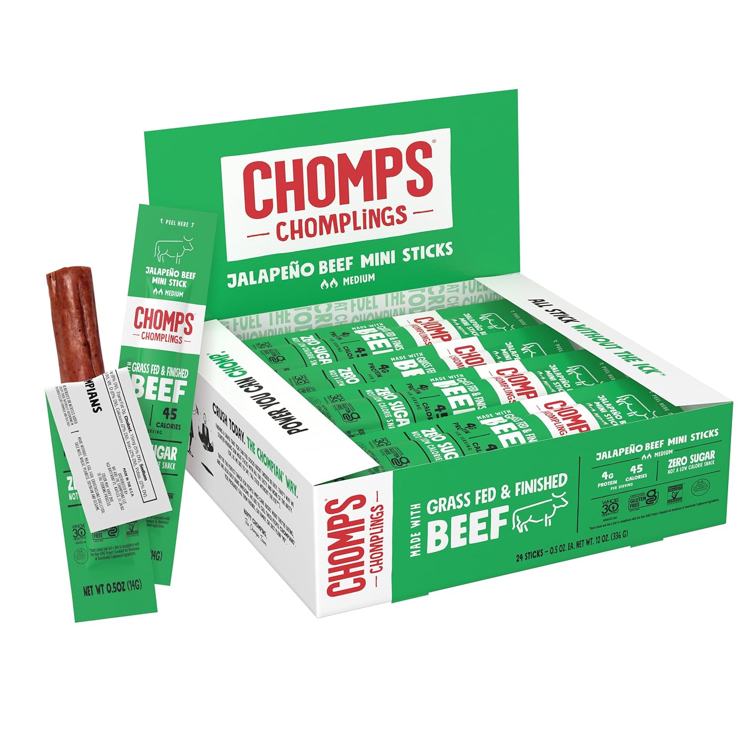 Chomps Palitos de carne seca jalapeña alimentada con pasto y acabada, 0.5 onzas, paquete de 24 unidades, Keto, Paleo, Whole30, 0.14 oz de proteína