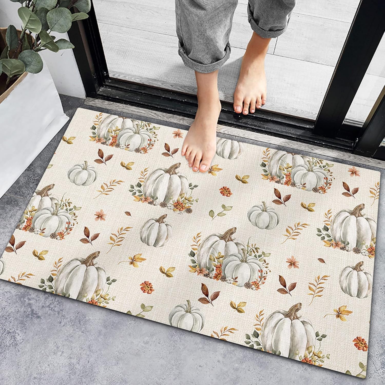 Bath Mat Non-Slip Indoor Doormats, Bath Rugs Autumn Harvest White Pumpkin,Low-Profile Mats Kitchen Carpets for Home Bedroom Entrance Decor Maple