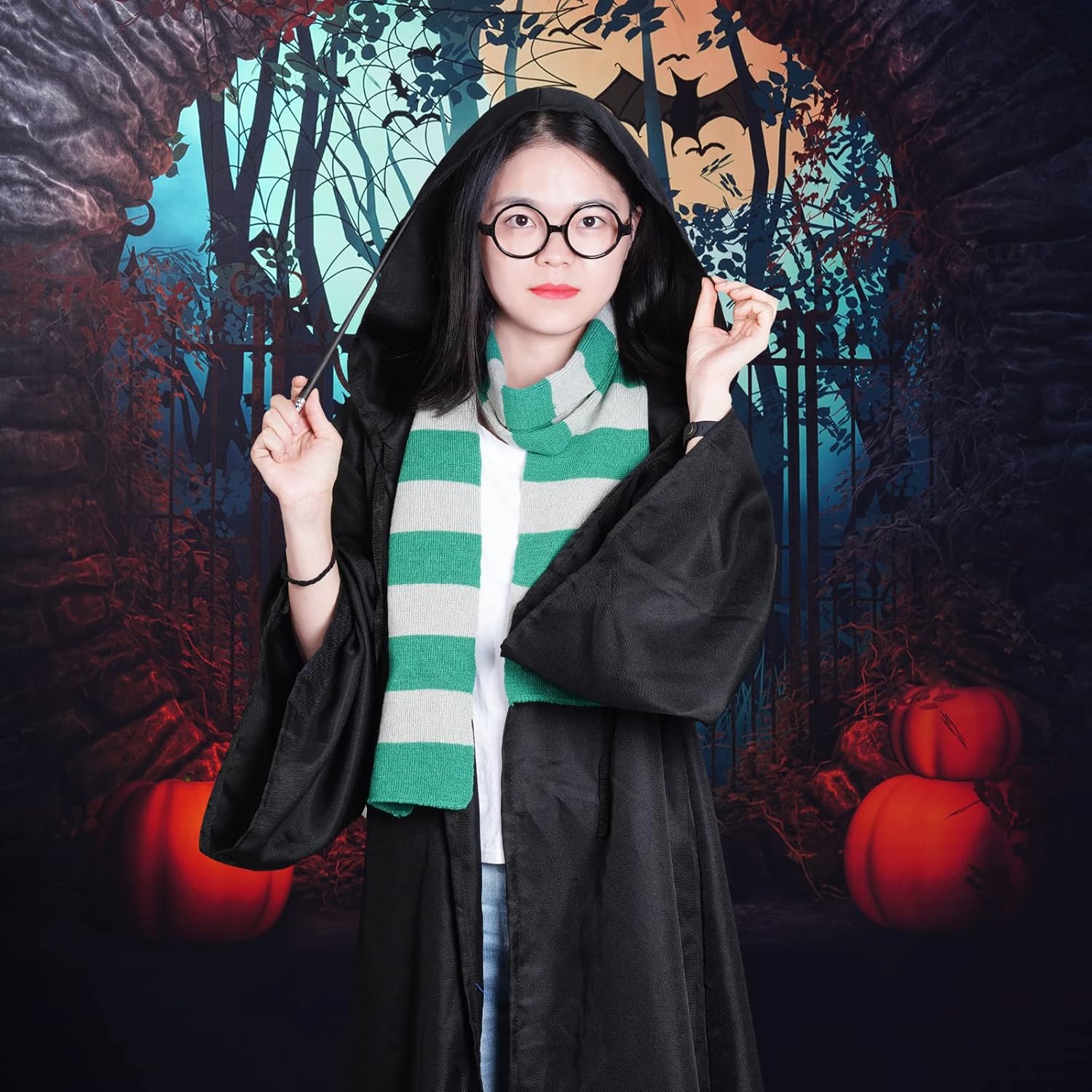 Gafas de mago y bufanda de punto a rayas, accesorios de disfraces de cosplay para Halloween, fiesta temática de cumpleaños
