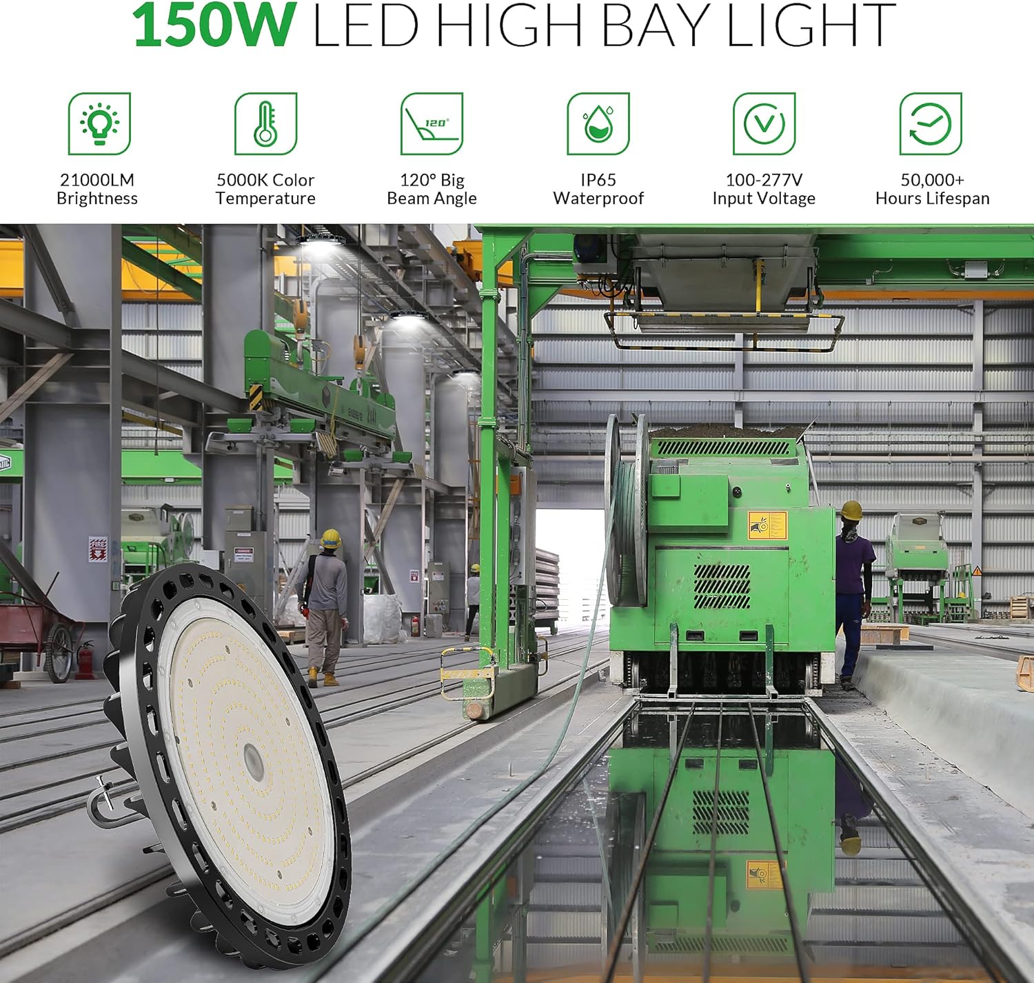 Flakeeper Luz LED de alta bahía de 150 W, 2 unidades, 22500 lm con enchufe de EE. UU., cable de 5 pies (150 LMW), luz diurna de 5000 K, impermeable,