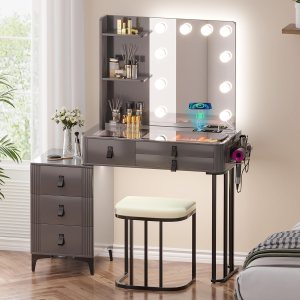 Gurexl Juego de tocador de maquillaje con espejo, tocador de maquillaje moderno con parte superior de vidrio y 10 bombillas, juego de tocador con Gurexl Juego de tocador de maquillaje con espejo, tocador de maquillaje moderno con parte superior de vidrio y 10 bombillas, juego de tocador con