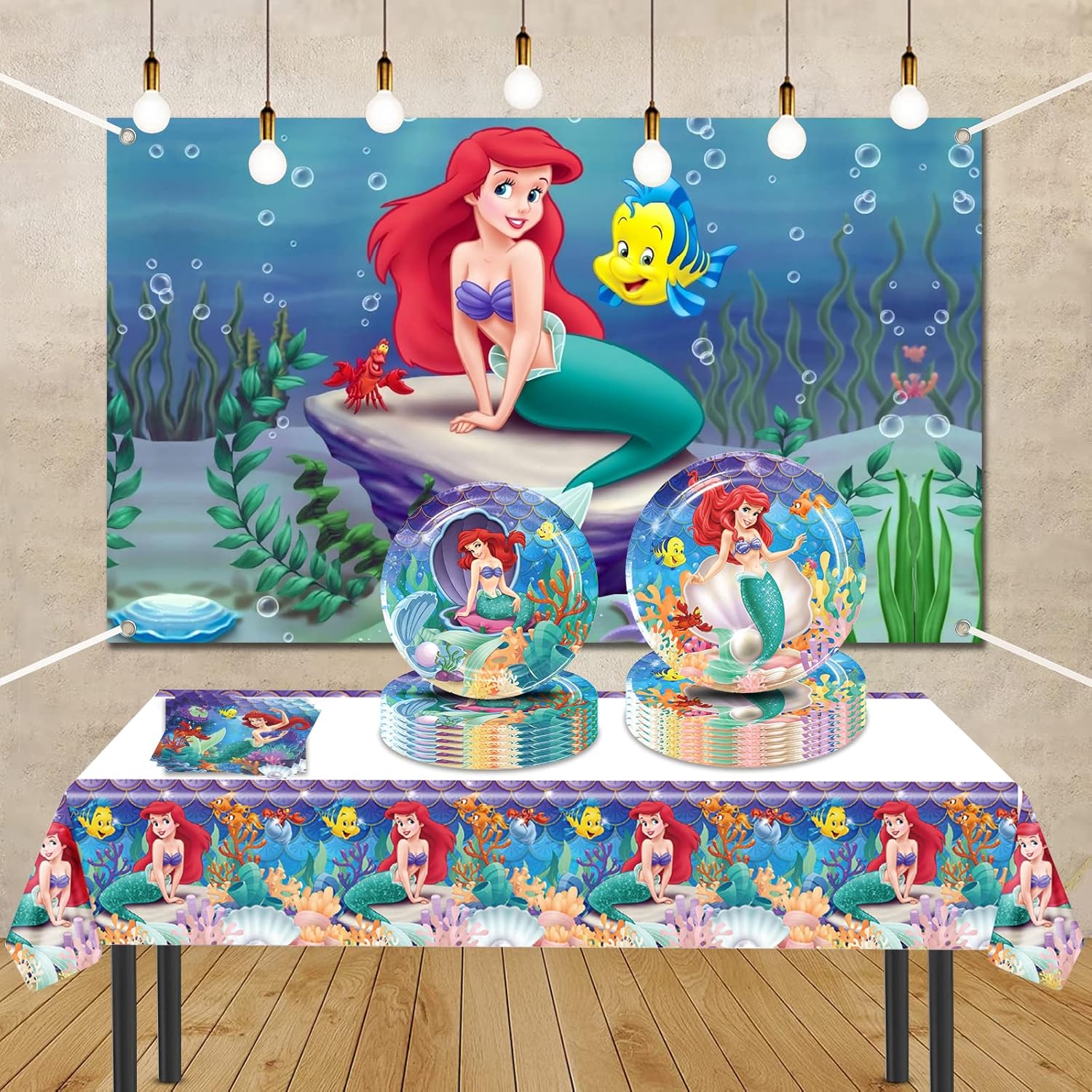 Ariel – Suministros para fiesta de cumpleaños, 20 platos, 20 servilletas y 1 mantel para decoración de fiesta de sirenita para niñas