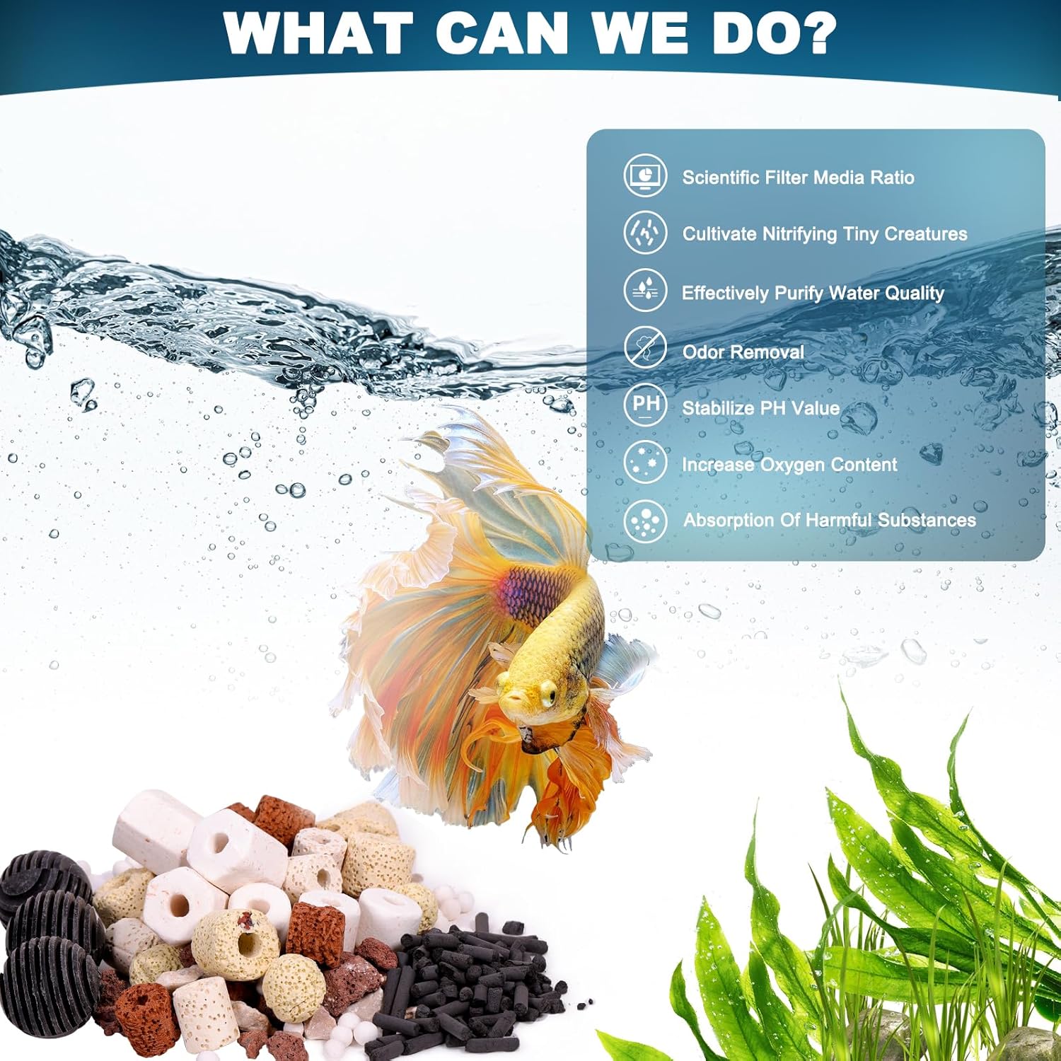 DaToo Medios de filtro para acuario, 12 especies de bolas bio, anillos de cerámica, filtro de carbón activado, kit de medios de filtro con bolsa de