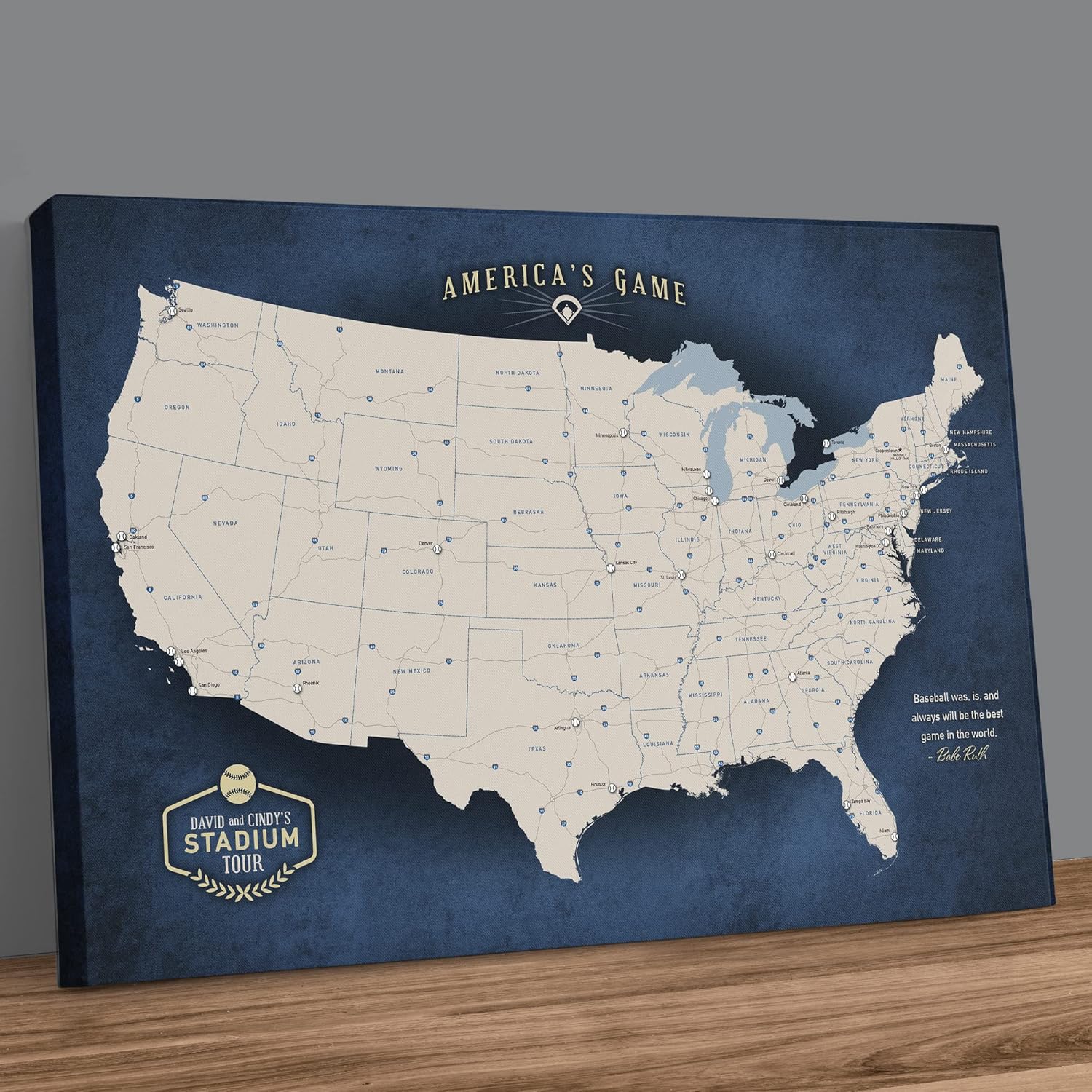 Holy Cow Canvas Personalized Canvas Baseball Stadium Map Tracker with Pins Includes Push Pins, Baseball Parks Bucket List, Customized Baseball Gift