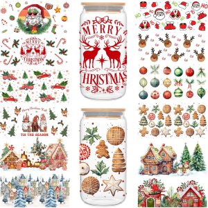 Envoltura de copa de Navidad UV DTF Árbol de Navidad de pan de jengibre de Papá Noel impreso 16oz Libbey Glass Cup Wrap, listo para aplicar, Envoltura de copa de Navidad UV DTF Árbol de Navidad de pan de jengibre de Papá Noel impreso 16oz Libbey Glass Cup Wrap, listo para aplicar,