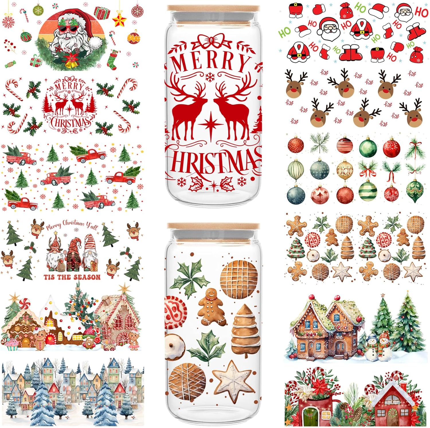 Envoltura de copa de Navidad UV DTF  Árbol de Navidad de pan de jengibre de Papá Noel impreso 16oz Libbey Glass Cup Wrap, listo para aplicar,