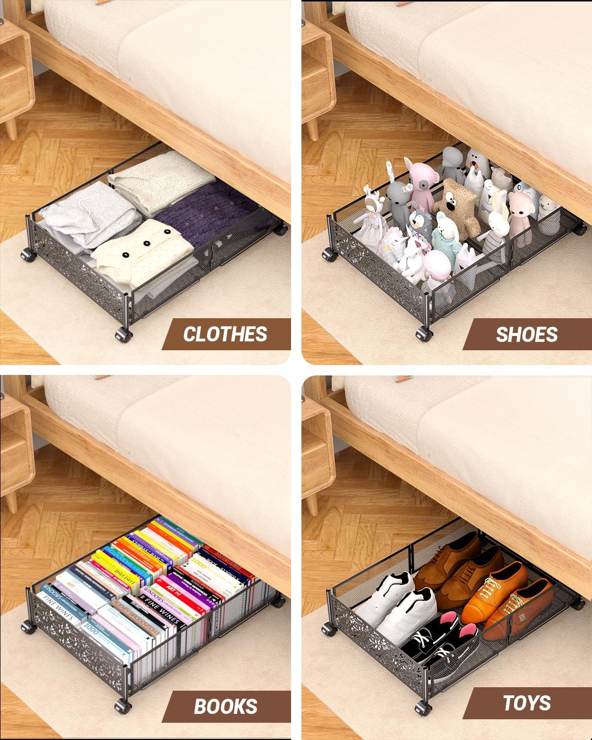 Almacenamiento debajo de la cama con ruedas, cajón de almacenamiento plegable debajo de la cama, montaje sin herramientas, contenedor de metal