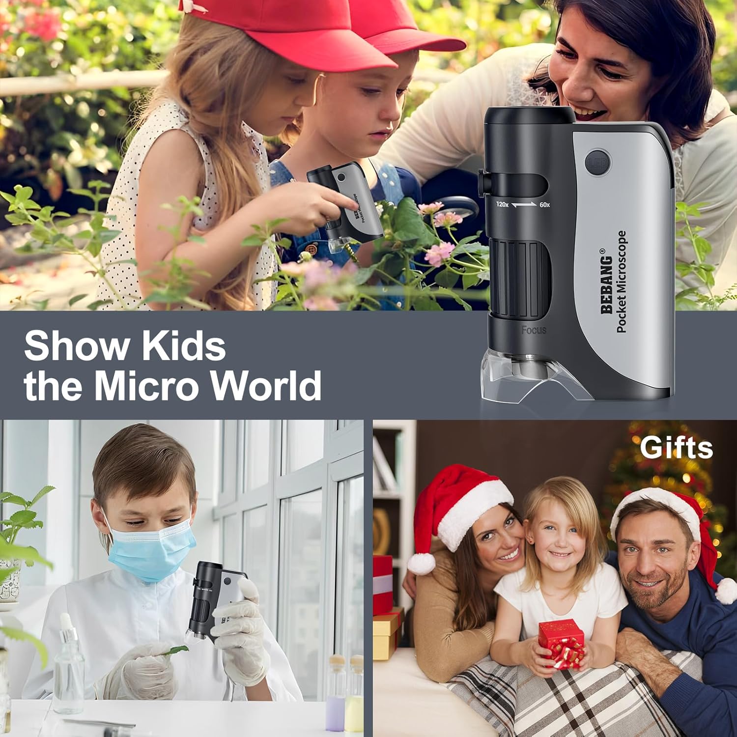 BEBANG Microscopio de bolsillo, mini microscopio de mano 60X-120X para niños con zoom iluminado LED, kits de microscopio portátil con 5 diapositivas