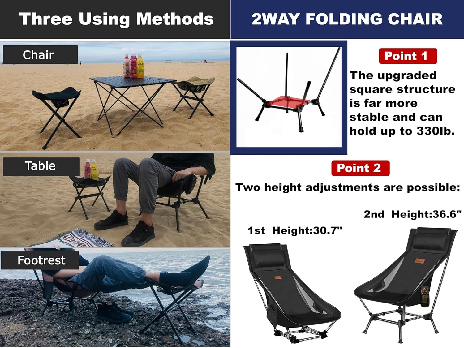 DRAXDOG ZGSTMZ – Silla de camping, gran tamaño, compacta de 2 vías, silla plegable portátil, silla de playa con bolsillo lateral y reposacabezas y