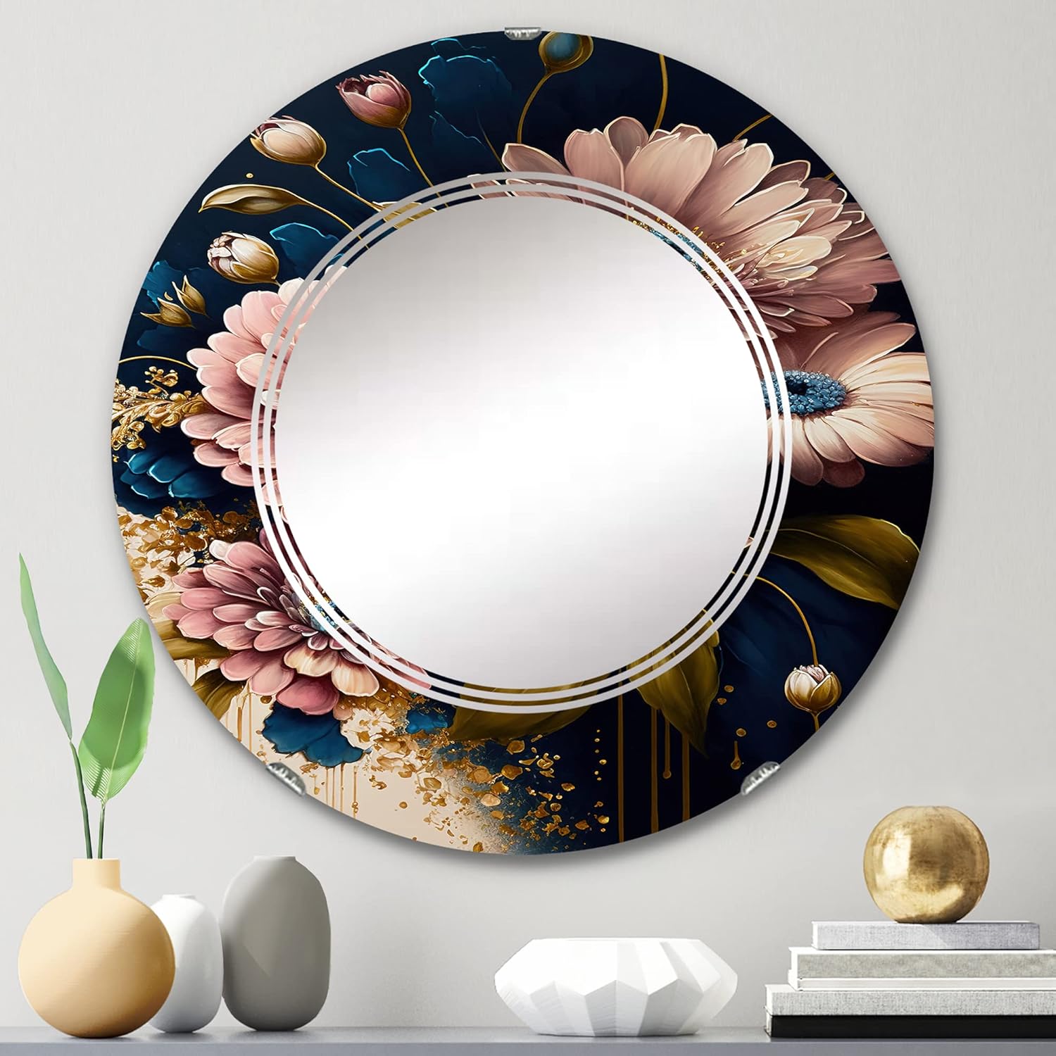 DesignQ Burgundy and Blue Daisy Bunch I- Vanity Mirror, Bathroom Mirrors, Wall Mirrors for Living Room, Bedroom – Round Mirror – Large 24’x24′,